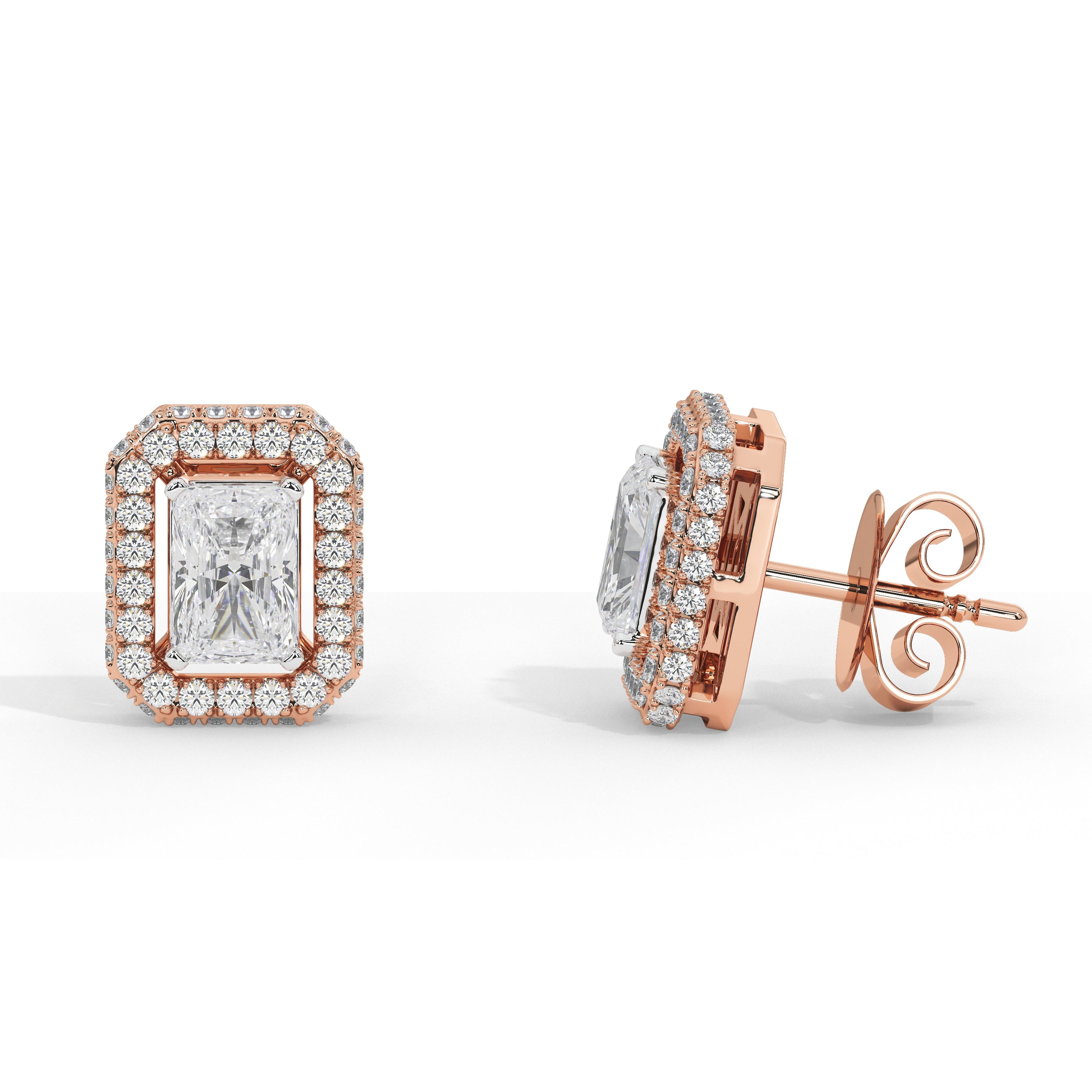 A pair of rose gold stud earrings with rectangular emerald-cut center stones surrounded by a halo of small clear stones, shown on a clean white background. One earring is facing forward, and the other is shown in side profile with the post and butterfly back visible.