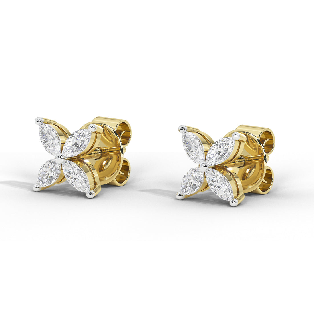 A pair of yellow gold stud earrings featuring marquise-cut clear gemstones arranged in a flower-like cluster, shown on a clean white background.