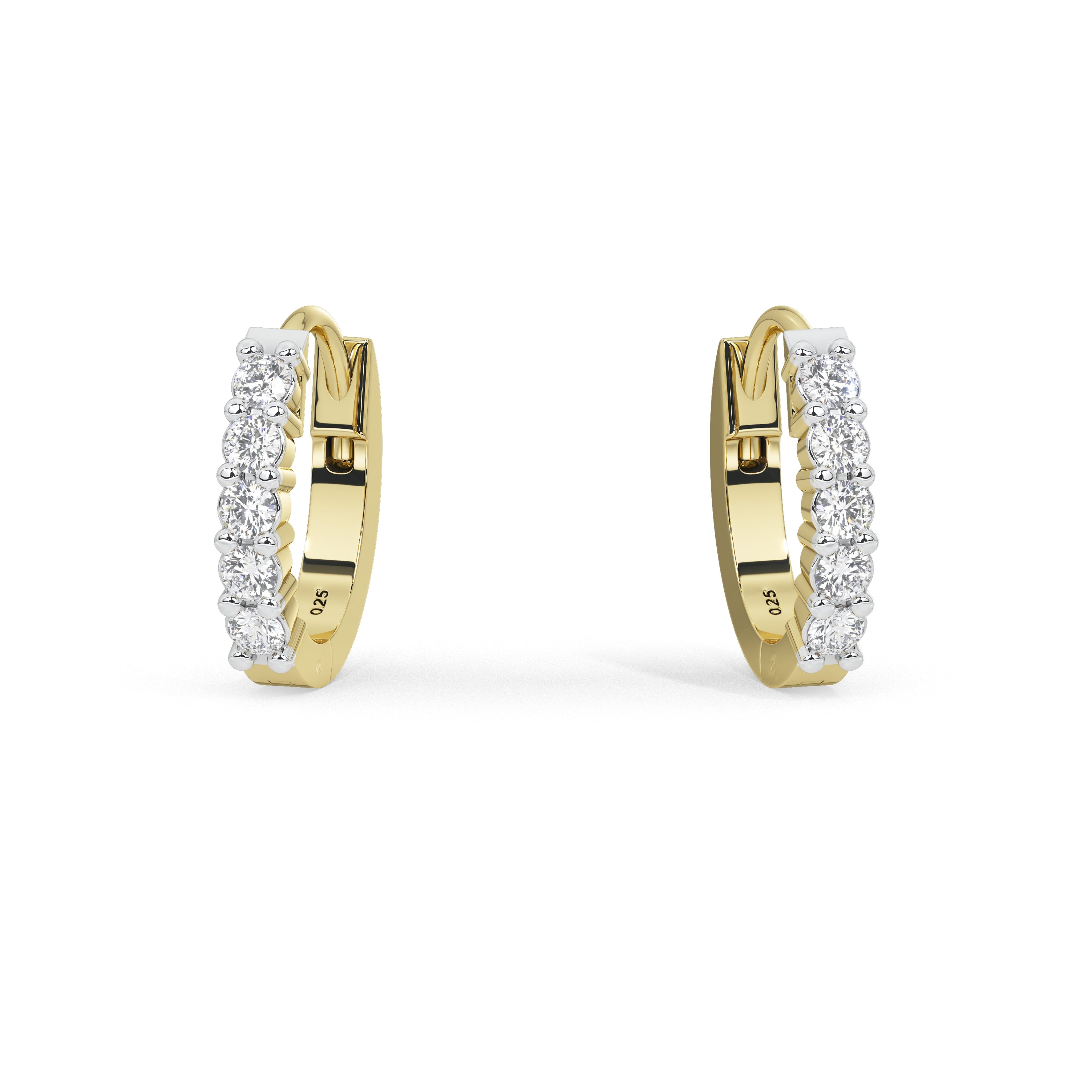 A pair of gold huggie hoop earrings set with clear pavé diamonds, shown on a clean white background.