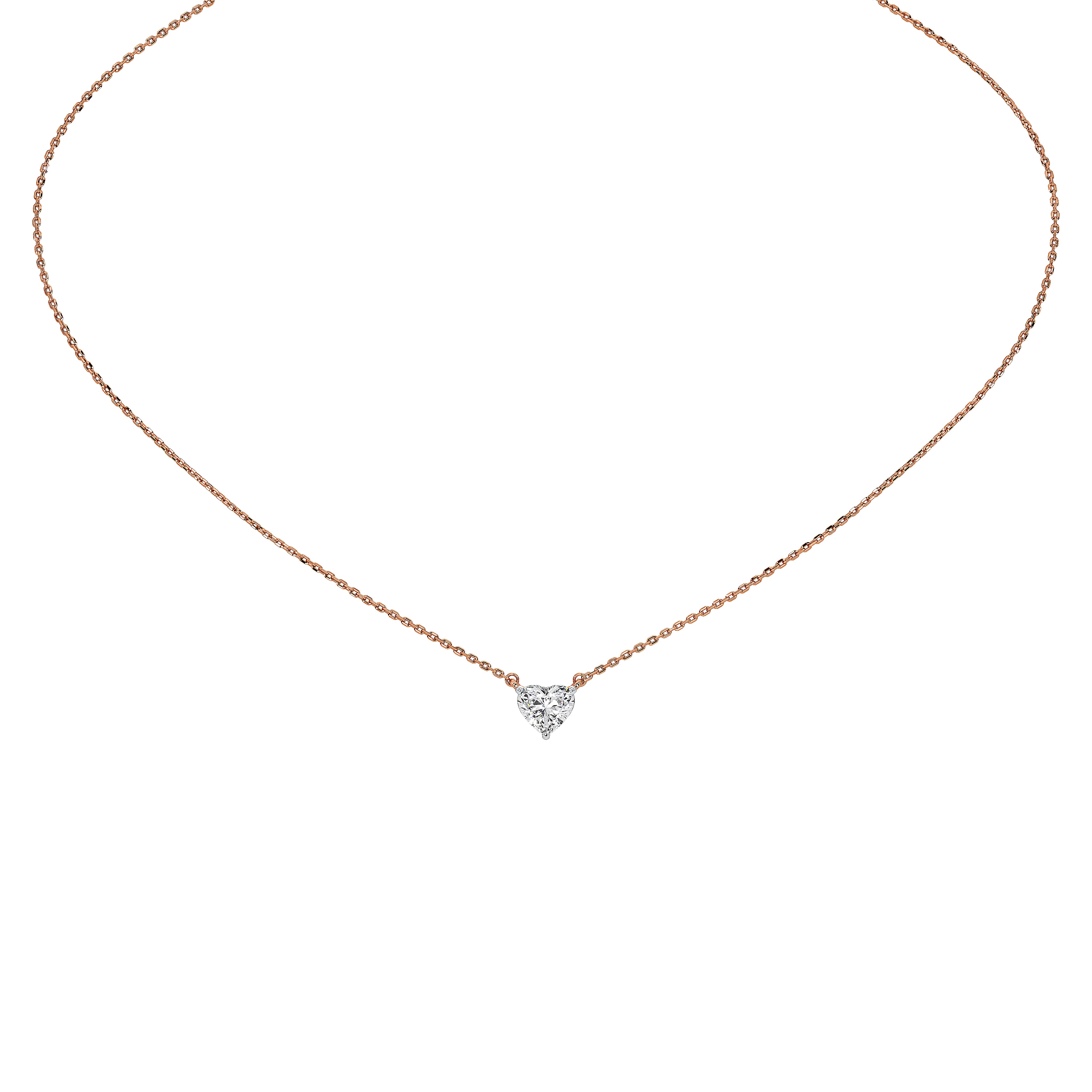 A delicate rose gold chain necklace with a small heart-shaped diamond pendant set in a rose gold backing, shown against a solid white background.