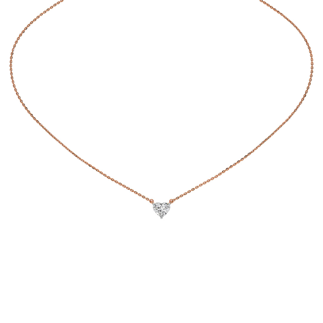 A delicate rose gold chain necklace with a small heart-shaped diamond pendant set in a rose gold backing, shown against a solid white background.