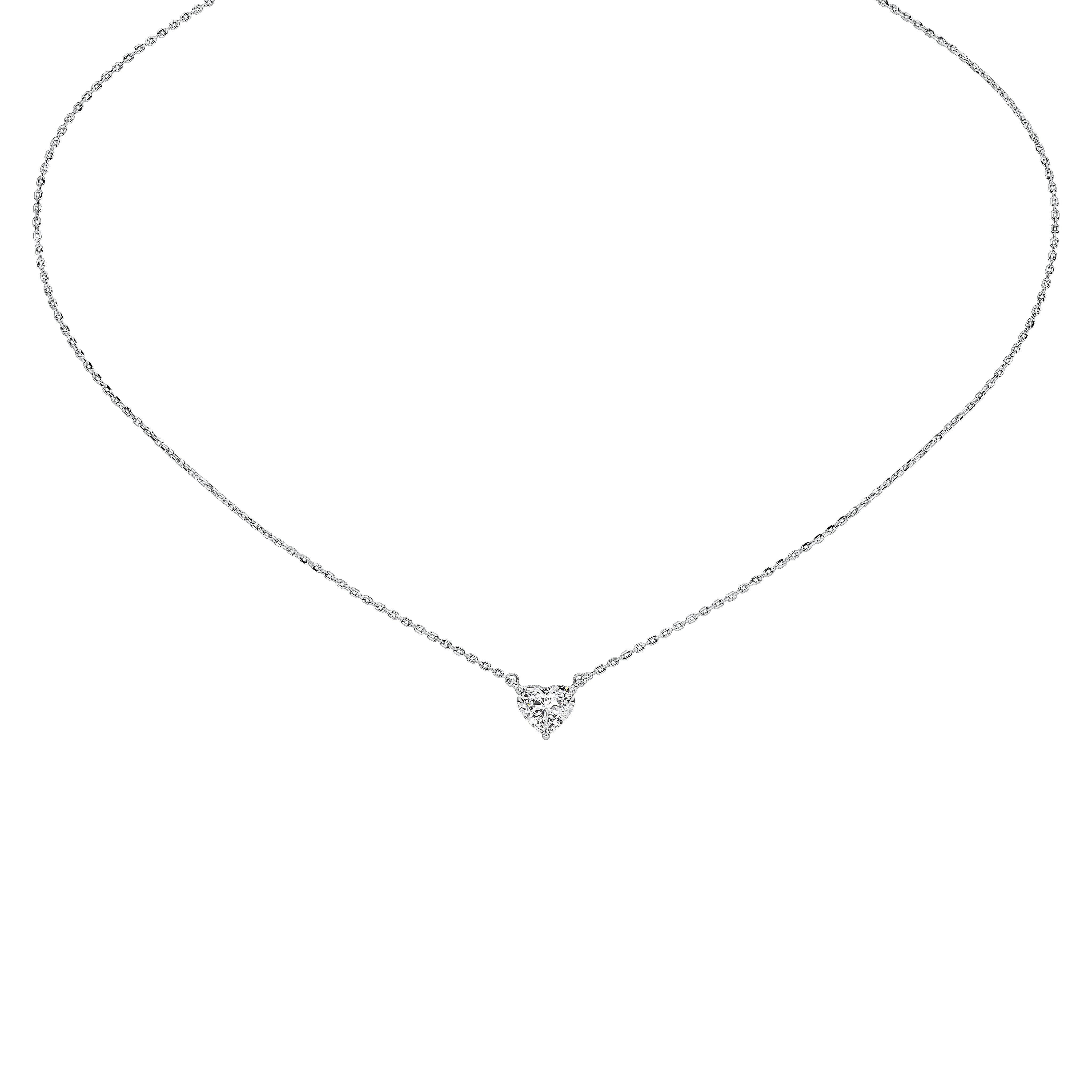 A delicate silver chain necklace with a small heart-shaped cluster of clear stones at the center, displayed on a solid white background.