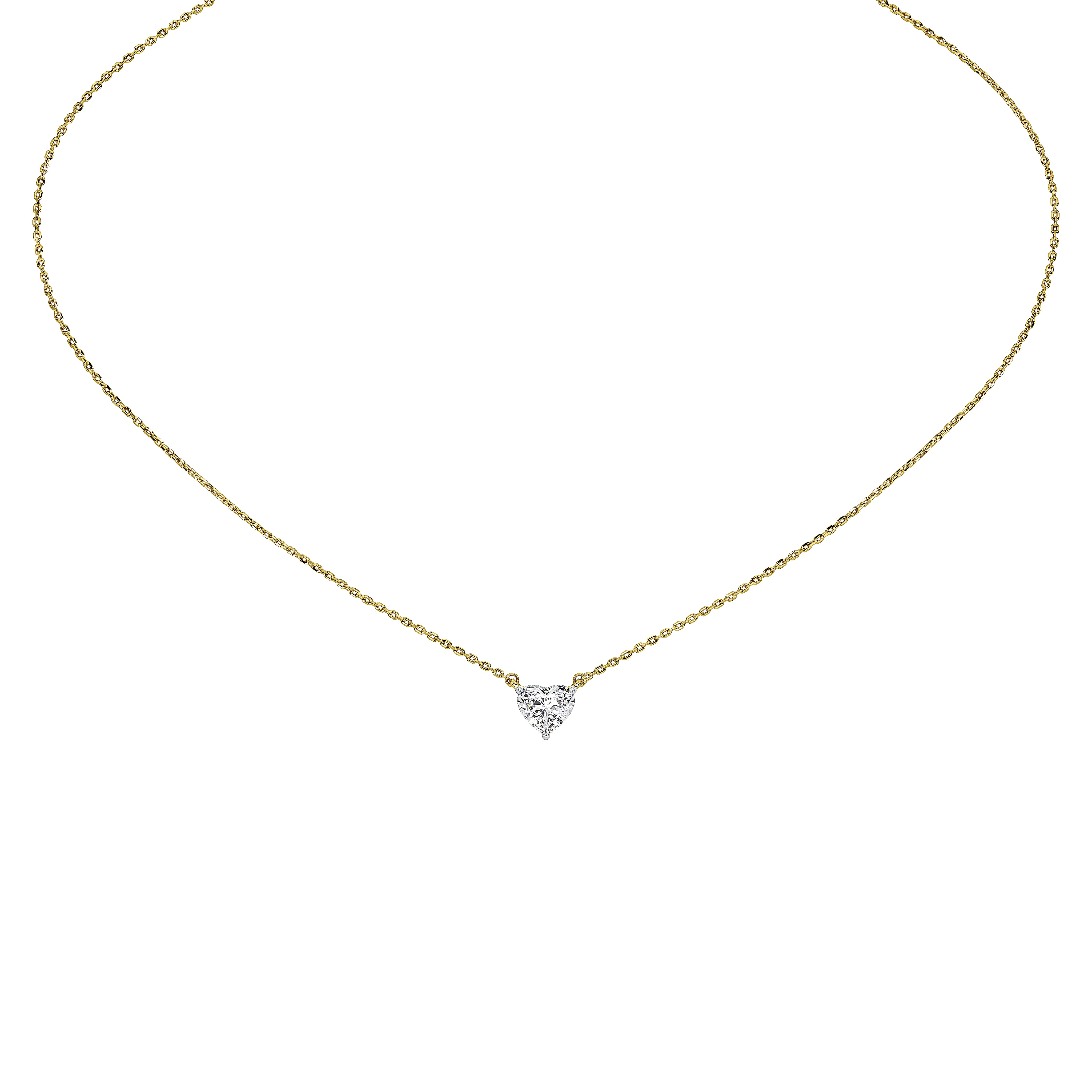 A delicate yellow gold chain necklace with a small heart-shaped diamond pendant, shown against a solid white background.