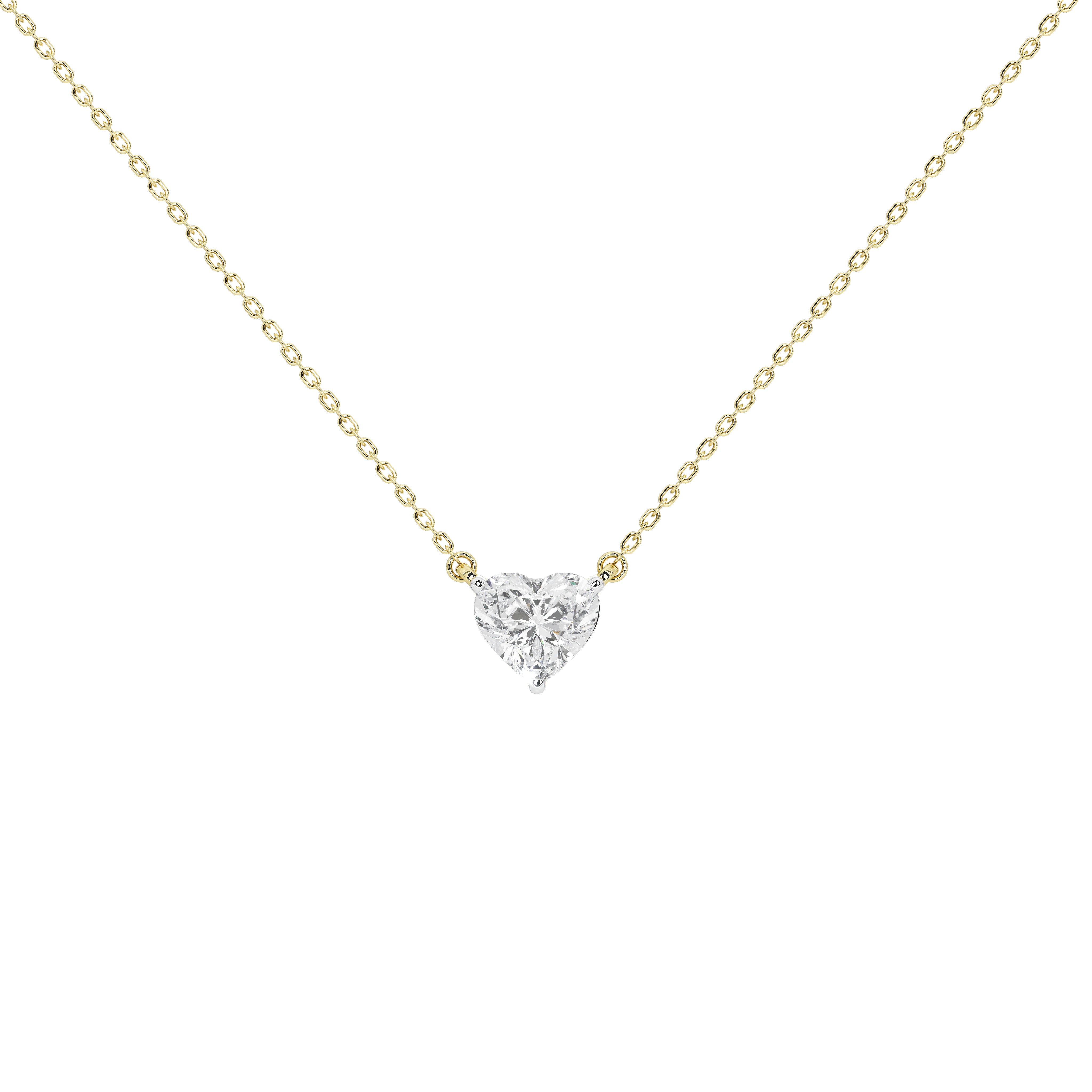 A delicate yellow gold chain necklace with a small heart-shaped diamond pendant on a plain white background.