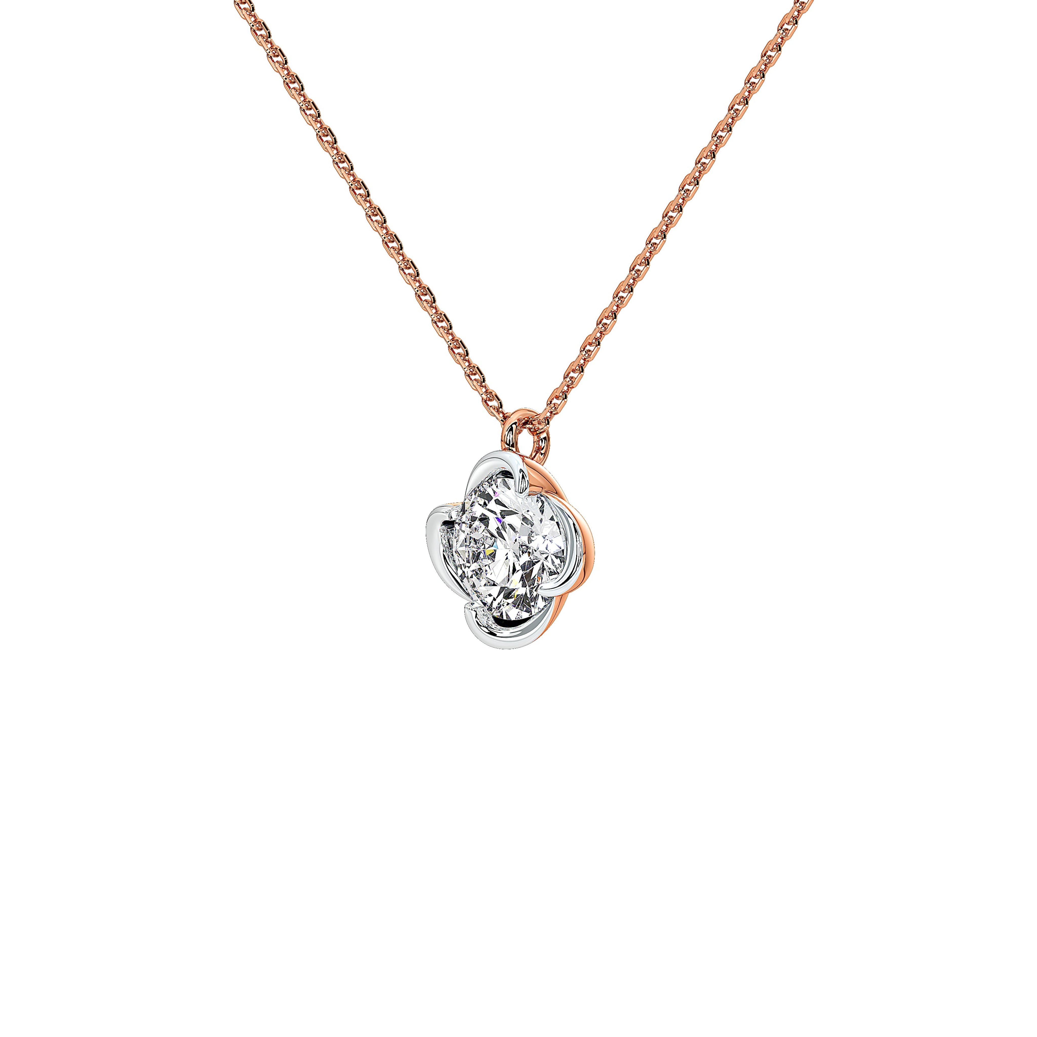 A delicate rose gold chain necklace with a small, multi-pronged pendant featuring a clear round-cut diamond and a smaller accent stone in a silver-colored setting, shown against a solid white background.