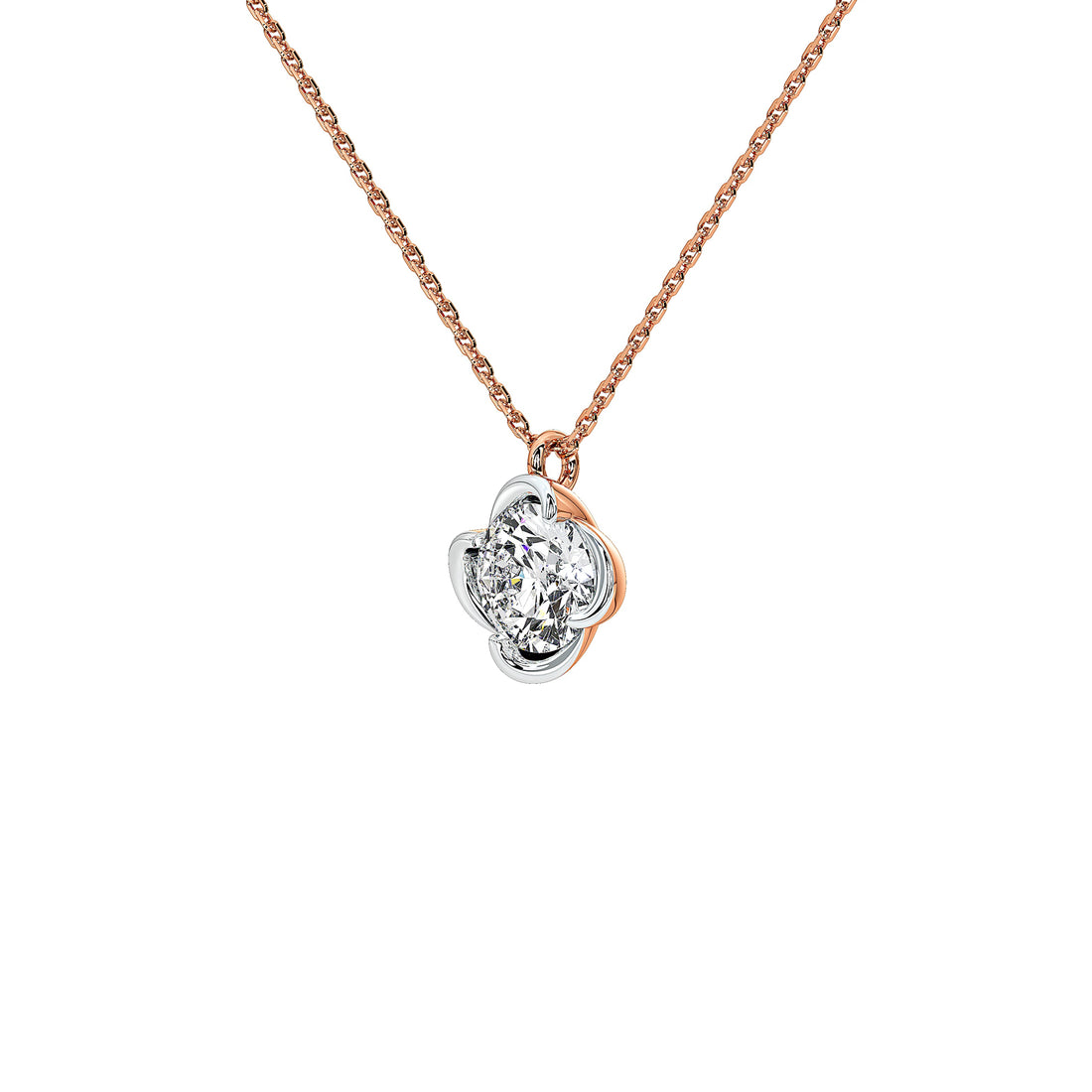 A delicate rose gold chain necklace with a small, multi-pronged pendant featuring a clear round-cut diamond and a smaller accent stone in a silver-colored setting, shown against a solid white background.