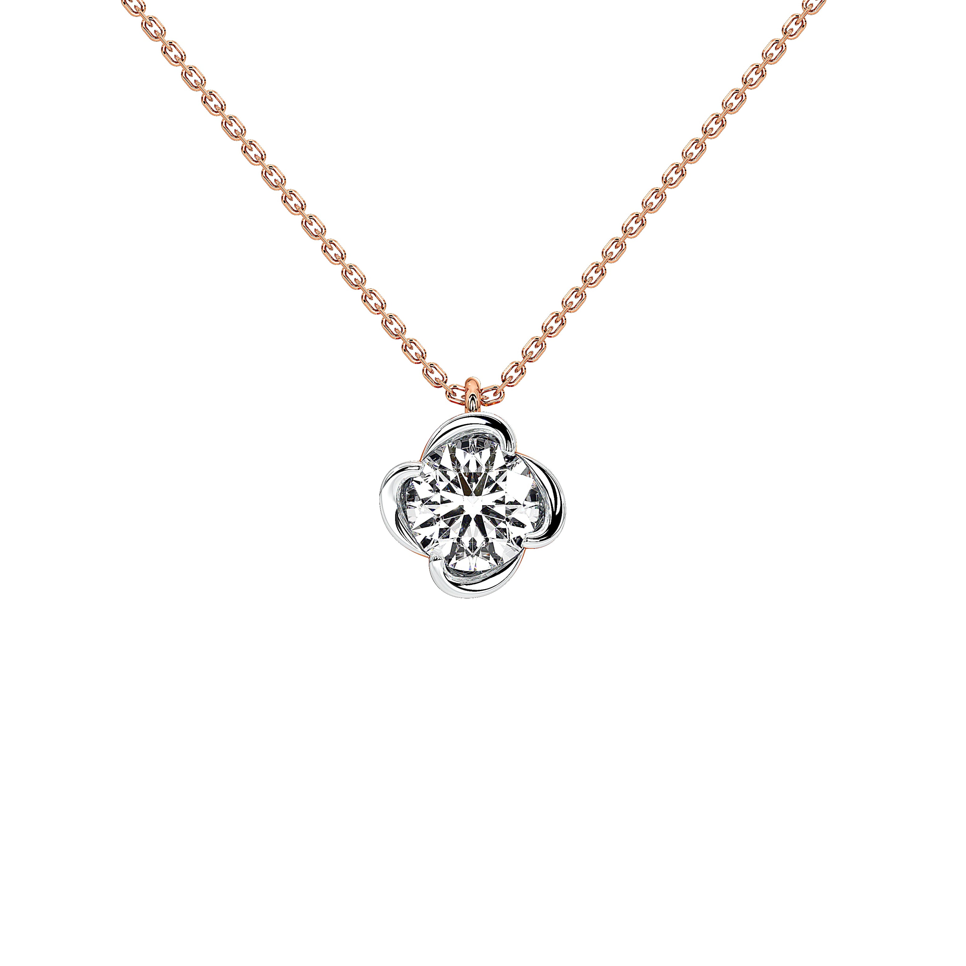 A delicate rose gold chain necklace with a silver-toned four-petal flower pendant featuring a clear central 1 carat lab grown diamond, set against a solid white background.