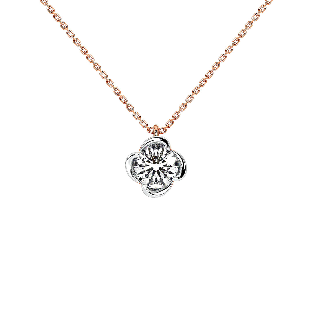 A delicate rose gold chain necklace with a silver-toned four-petal flower pendant featuring a clear central 1 carat lab grown diamond, set against a solid white background.