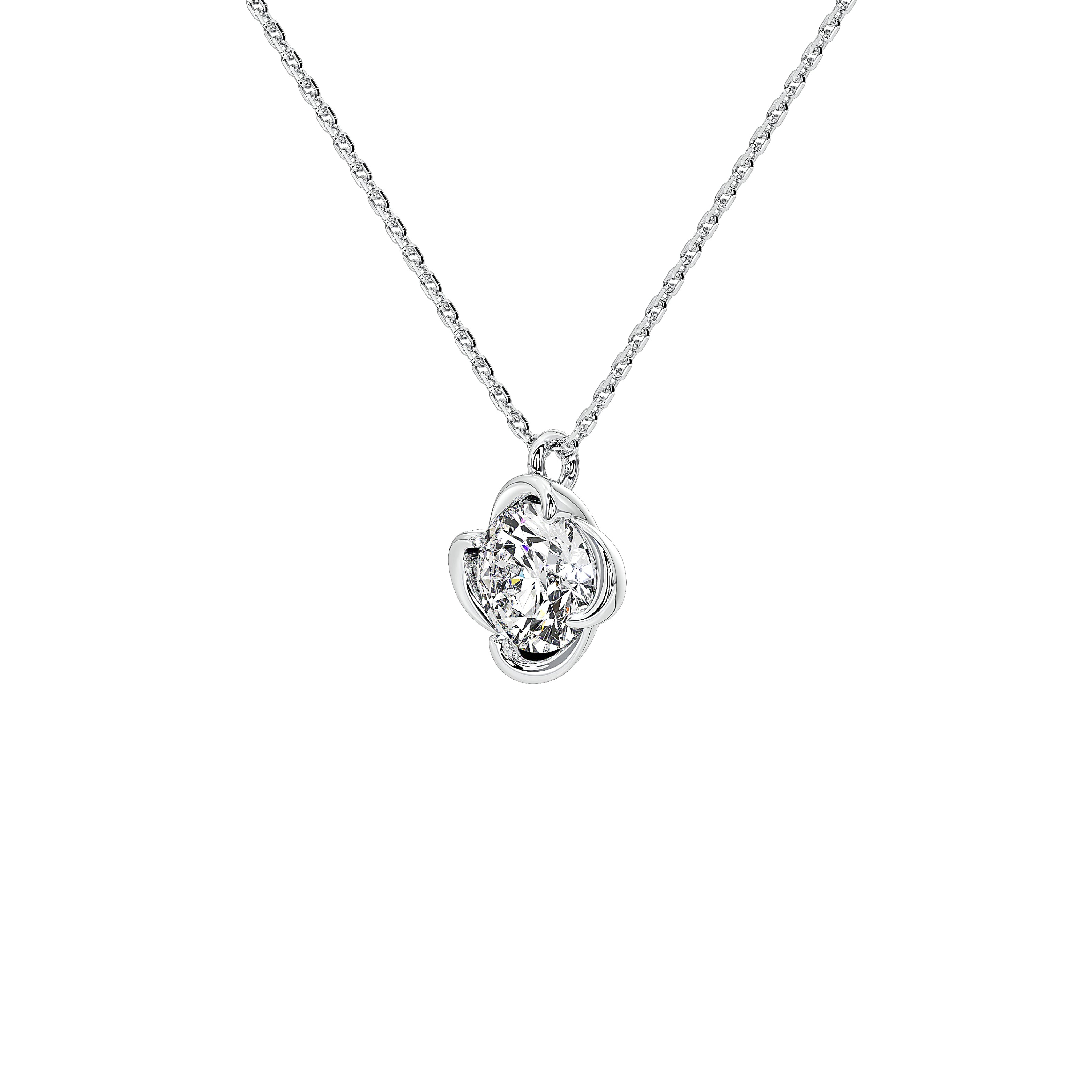 A delicate gold chain necklace with a silver-toned four-petal flower pendant, shown against a solid white background. Center features a brilliant 1 carat lab grown diamond.