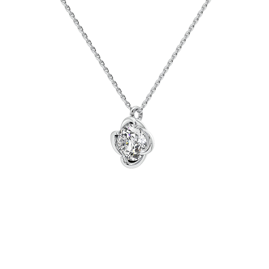 A delicate gold chain necklace with a silver-toned four-petal flower pendant, shown against a solid white background. Center features a brilliant 1 carat lab grown diamond.