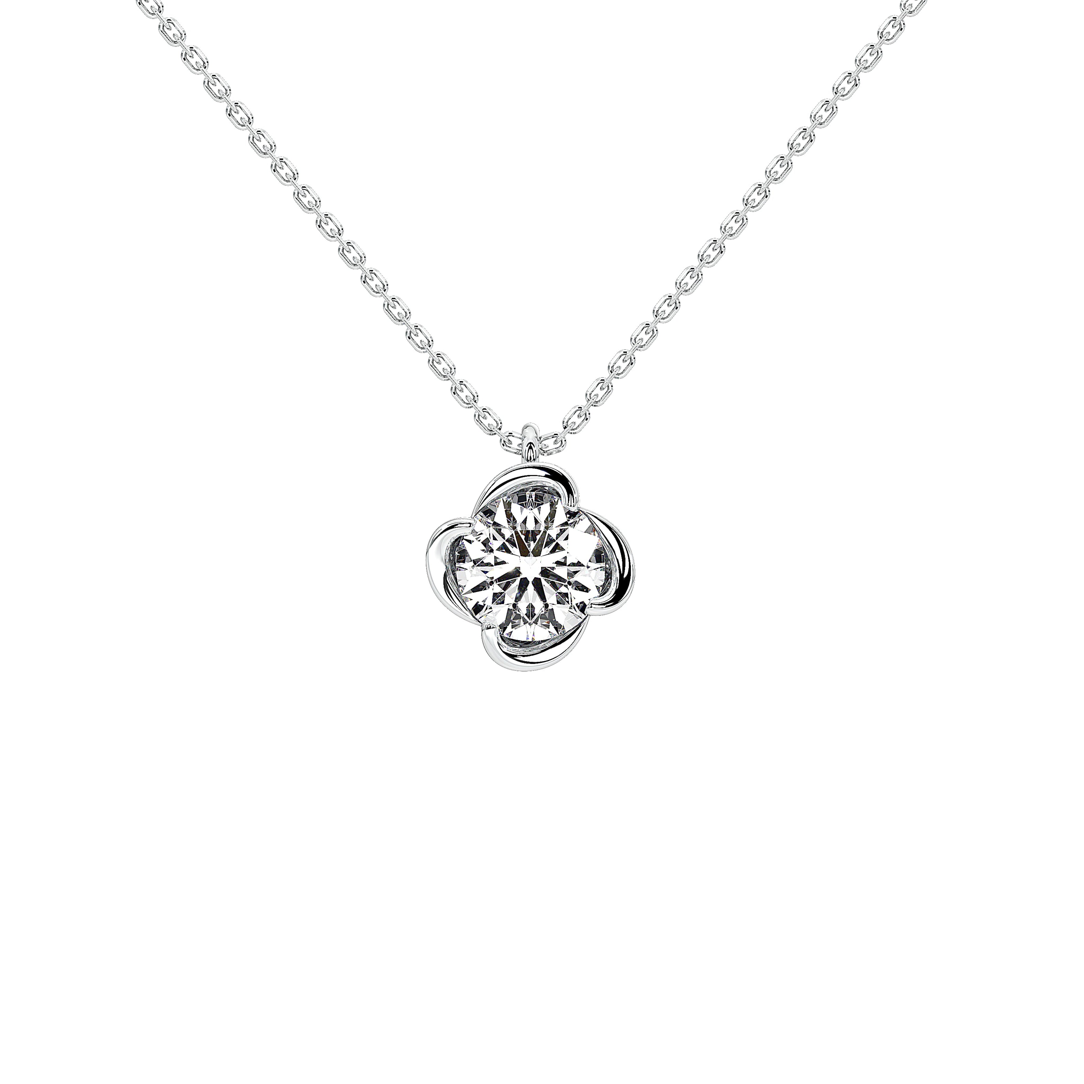 A delicate gold chain necklace with a silver-toned four-petal flower pendant, shown against a solid white background. Center features a brilliant 1 carat lab grown diamond.