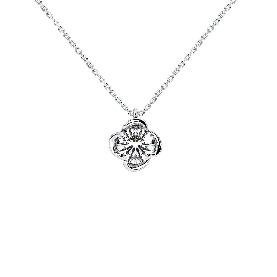 A delicate gold chain necklace with a silver-toned four-petal flower pendant, shown against a solid white background. Center features a brilliant 1 carat lab grown diamond.