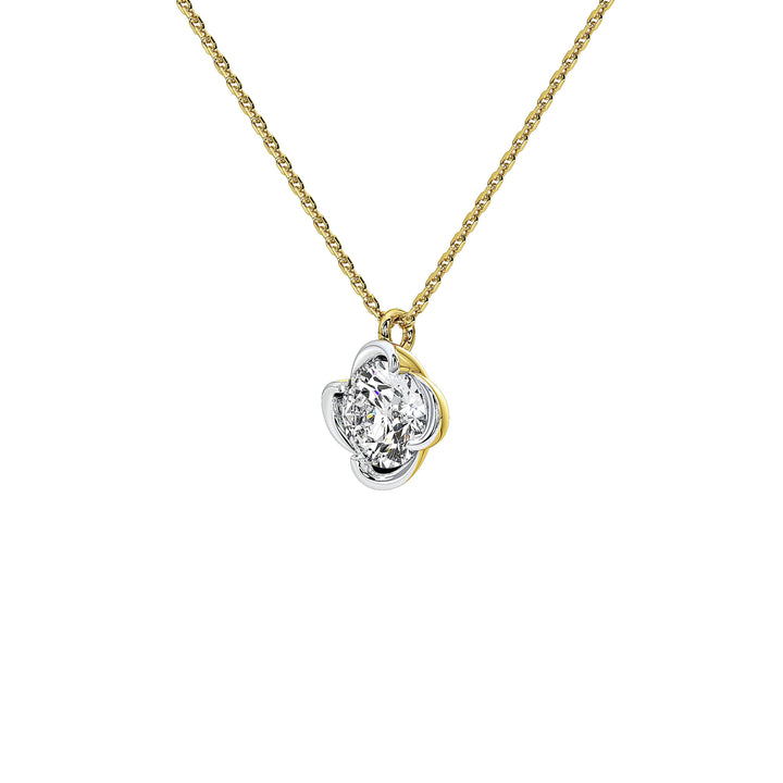 A delicate gold chain necklace with a silver-toned four-petal flower pendant, shown against a solid white background. Center features a brilliant 1 carat lab grown diamond.