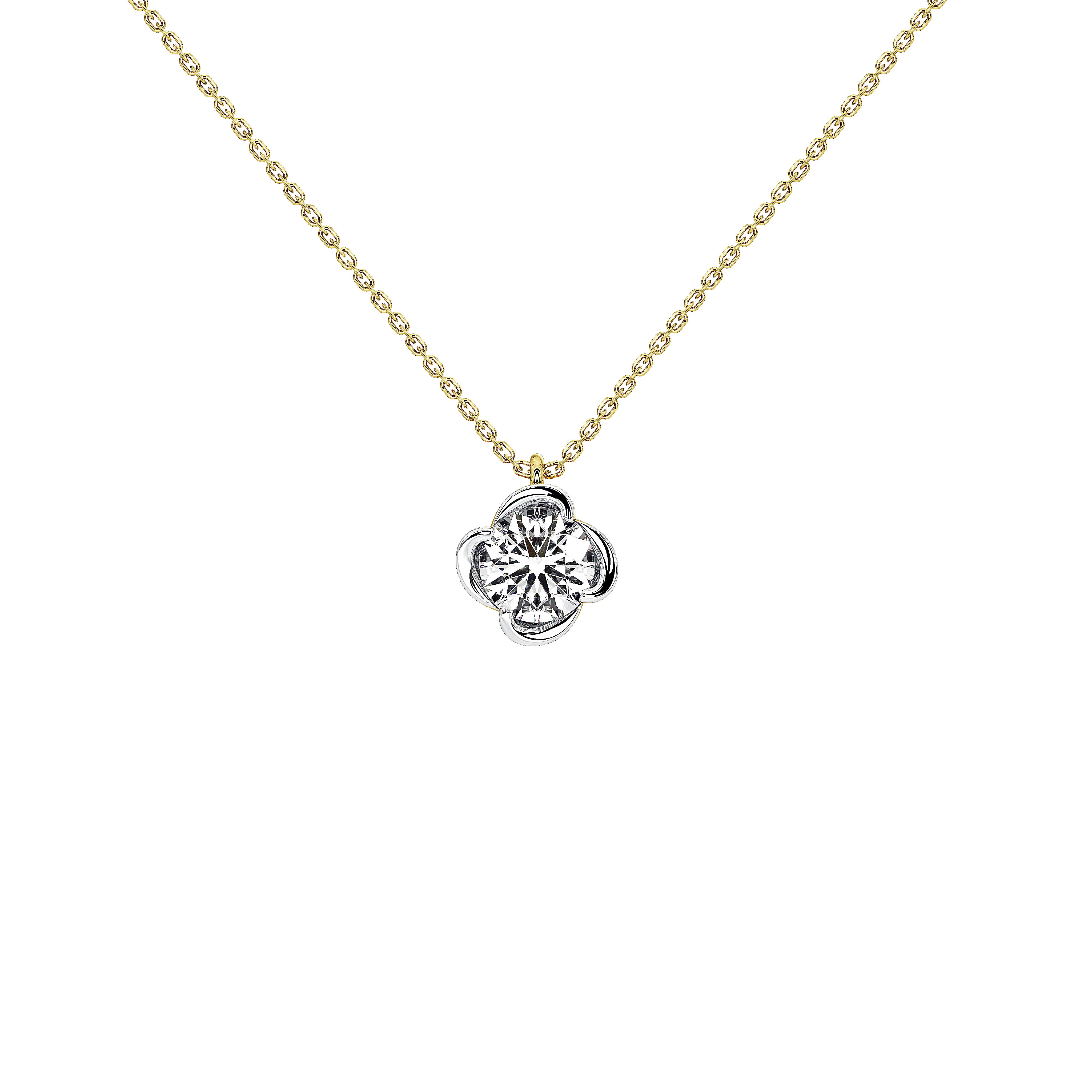 A delicate gold chain necklace with a silver-toned four-petal flower pendant, shown against a solid white background. Center features a brilliant 1 carat lab grown diamond.