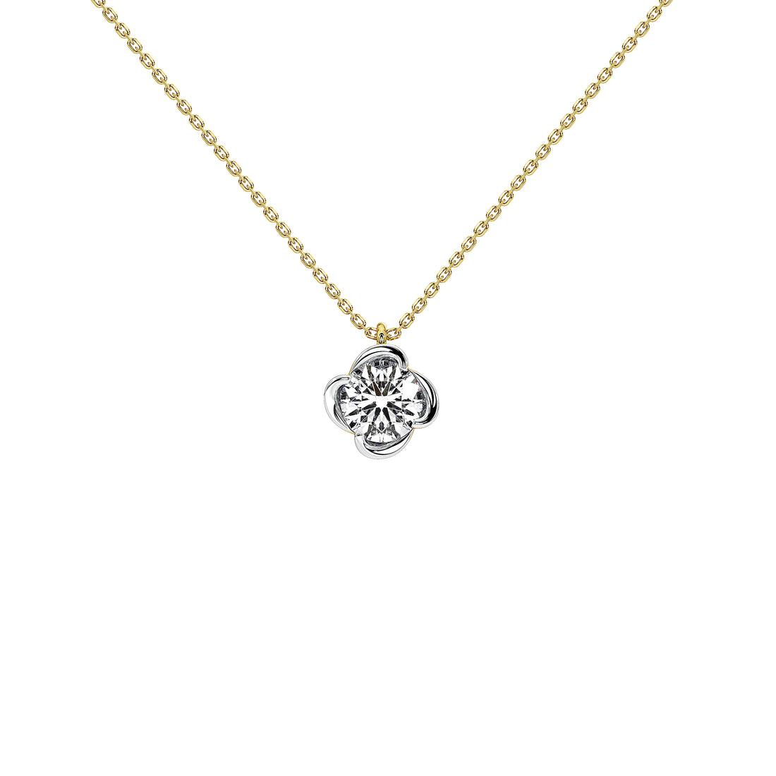 A delicate gold chain necklace with a silver-toned four-petal flower pendant, shown against a solid white background. Center features a brilliant 1 carat lab grown diamond.