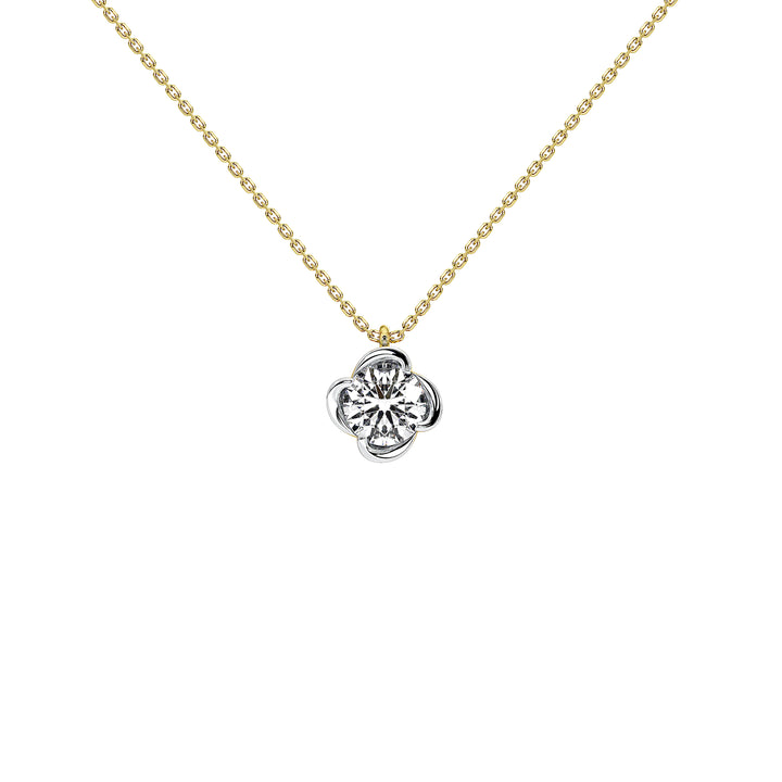 A delicate gold chain necklace with a silver-toned four-petal flower pendant, shown against a solid white background. Center features a brilliant 1 carat lab grown diamond.