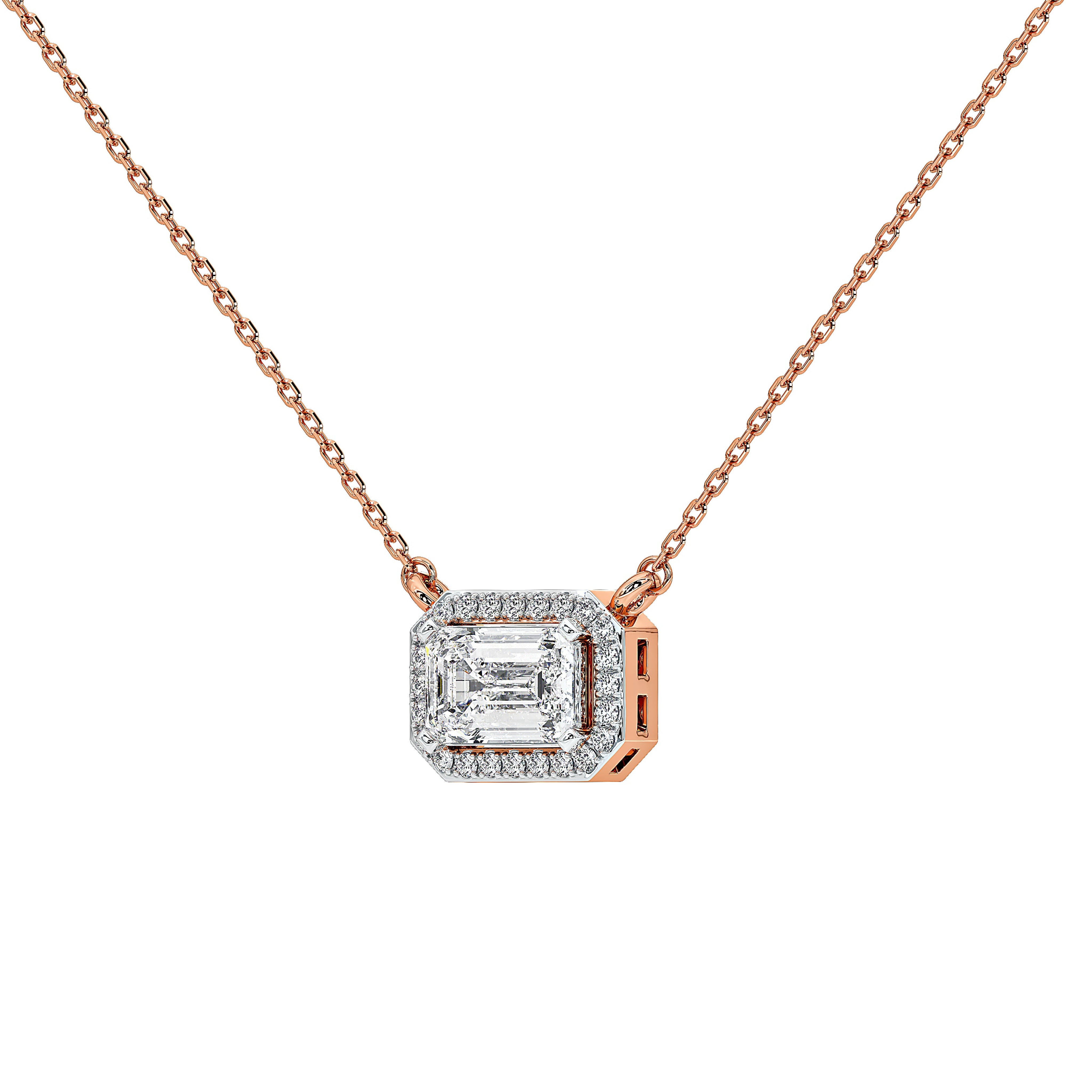 A rose gold necklace with a geometric pendant featuring an emerald-cut diamond surrounded by smaller diamonds, set against a plain white background.