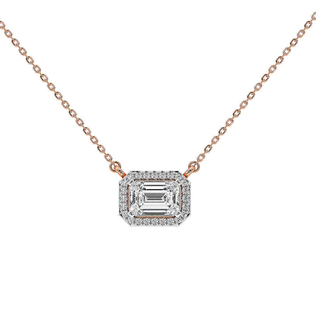 A rose gold necklace with a rectangular emerald-cut diamond pendant surrounded by a halo of small diamonds, displayed on a clean white background.