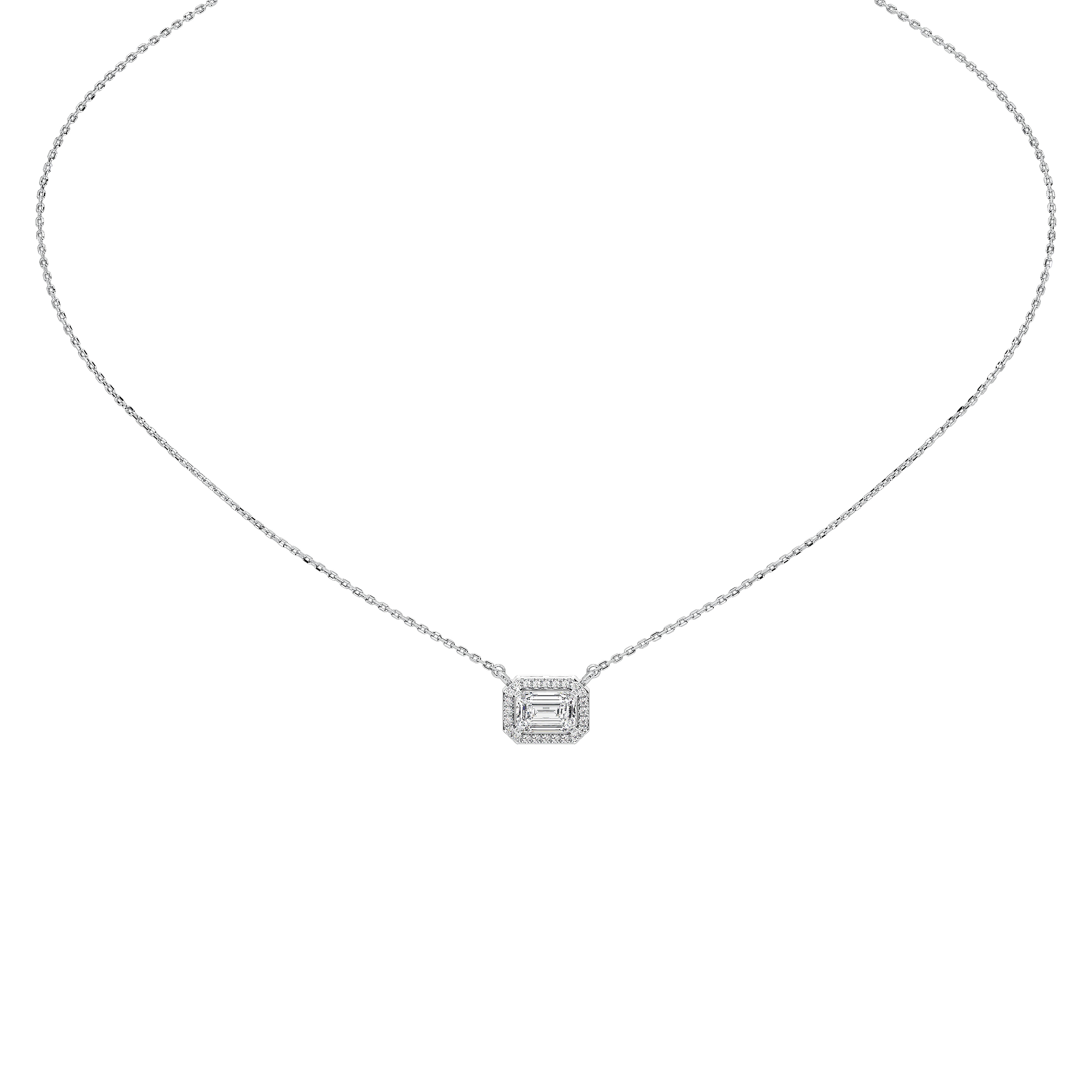 A silver-toned diamond necklace featuring a rectangular emerald-cut pendant surrounded by smaller round diamonds, suspended from a delicate cable chain on a solid white background.