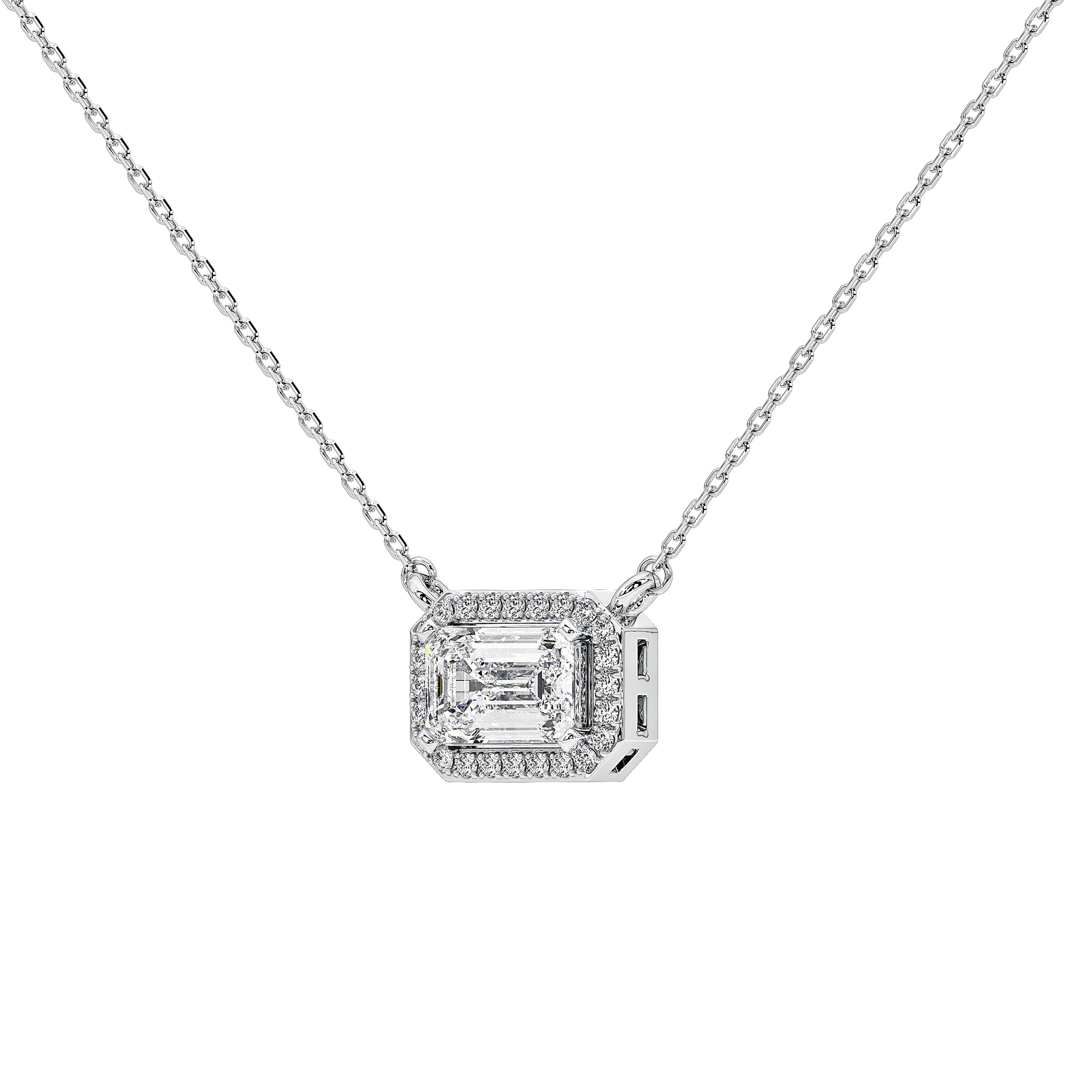 A silver-toned diamond necklace featuring a rectangular halo pendant with an emerald-cut center stone and surrounding pavé accents, displayed on a clean white background.