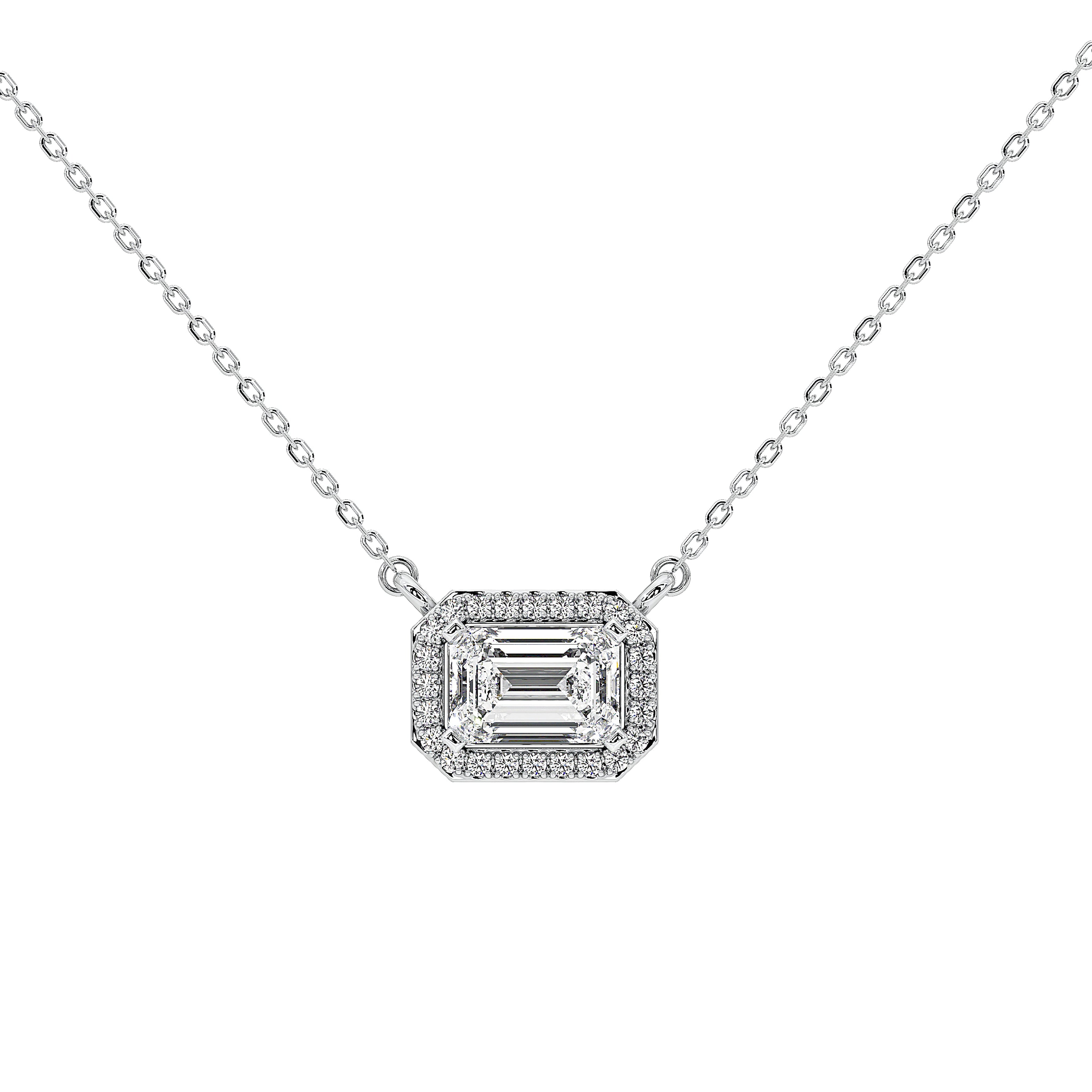 An emerald-cut halo diamond pendant necklace on a delicate silver chain, set against a plain white background.