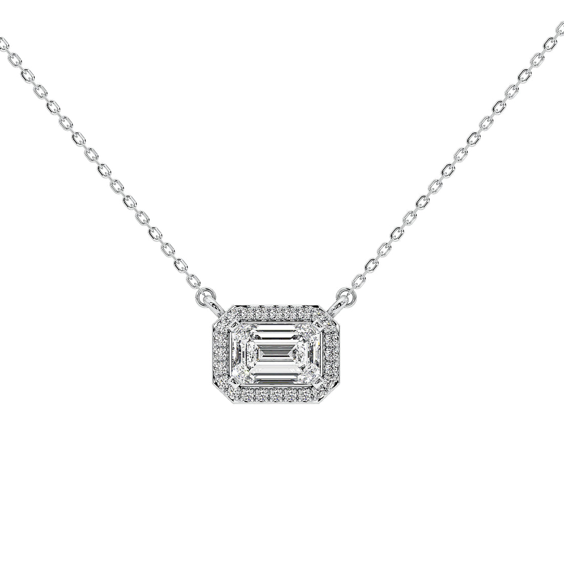 An emerald-cut halo diamond pendant necklace on a delicate silver chain, set against a plain white background.