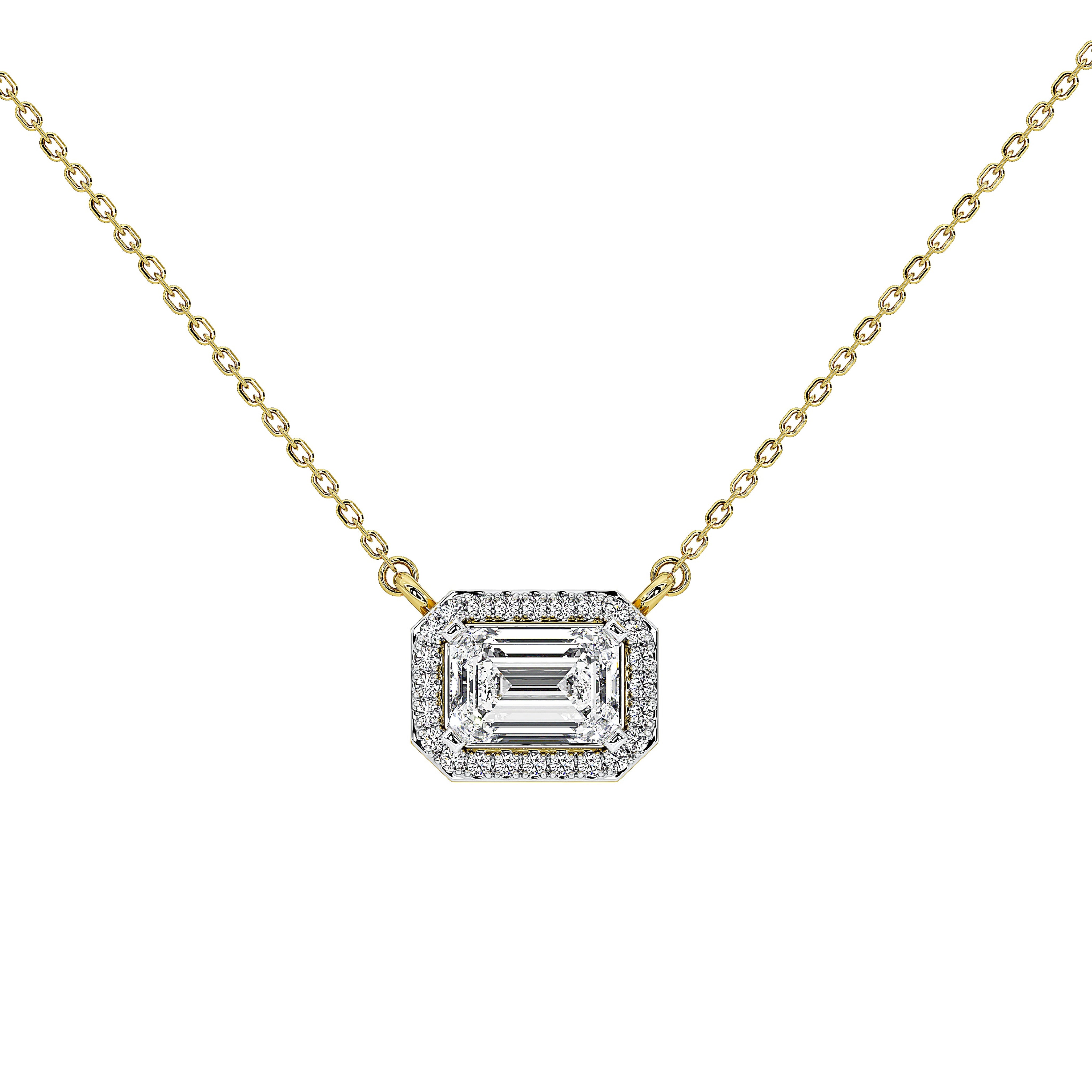 A gold chain necklace with an emerald-cut halo pendant set with clear gemstones, shown on a plain white background.