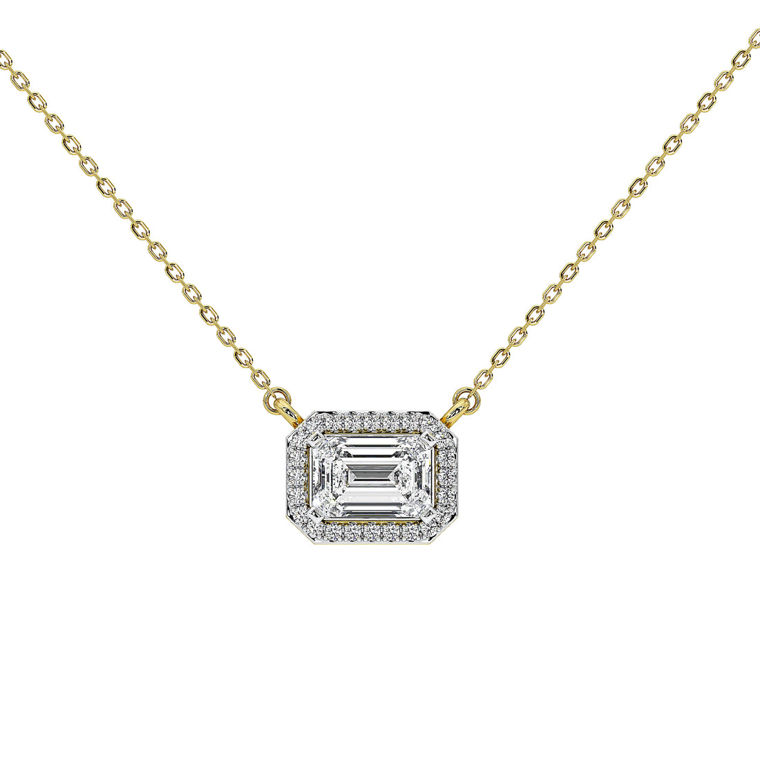 A gold chain necklace with an emerald-cut halo pendant set with clear gemstones, shown on a plain white background.