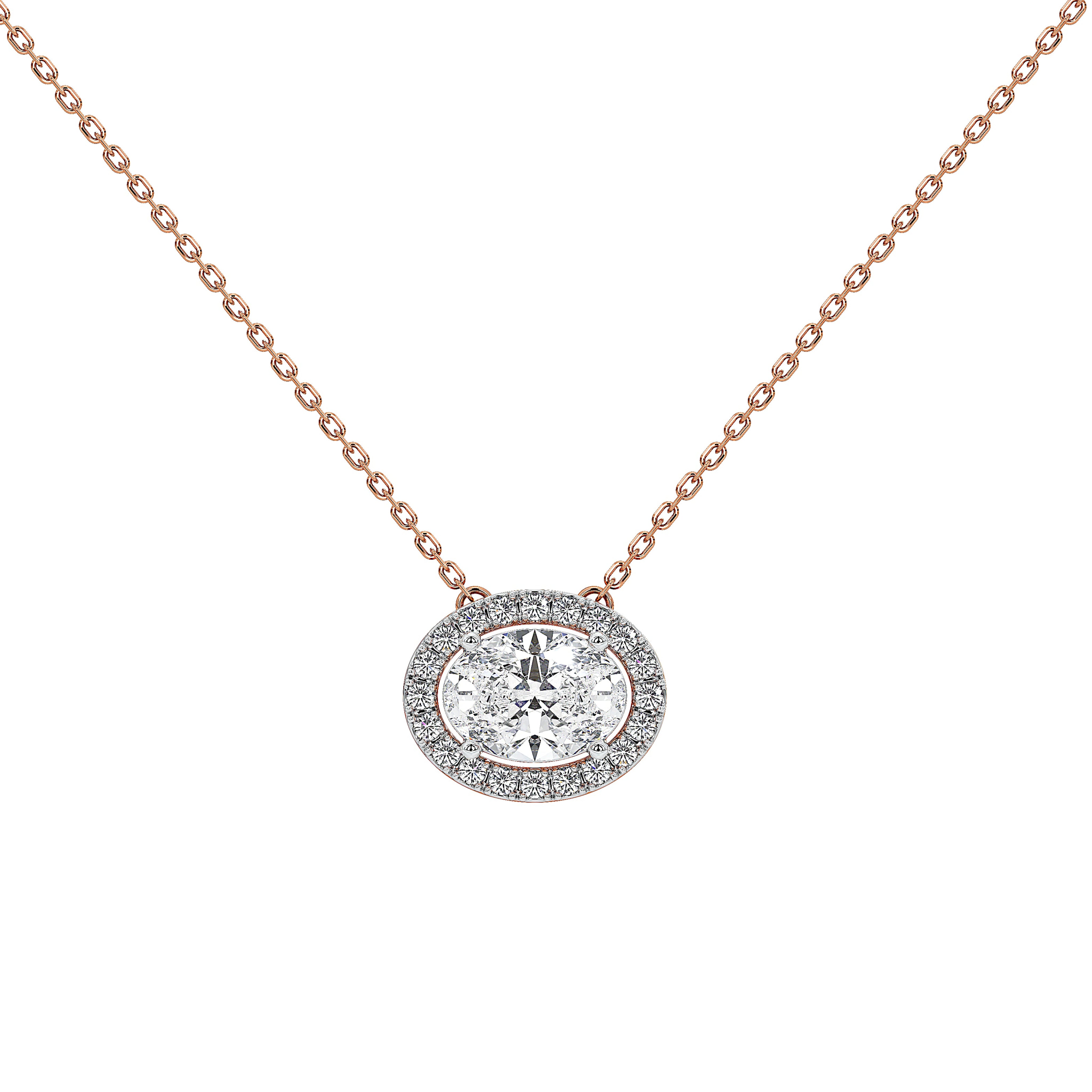 A rose gold necklace with a round halo pendant featuring a central oval diamond surrounded by a halo of smaller diamonds, set on a clean white background.