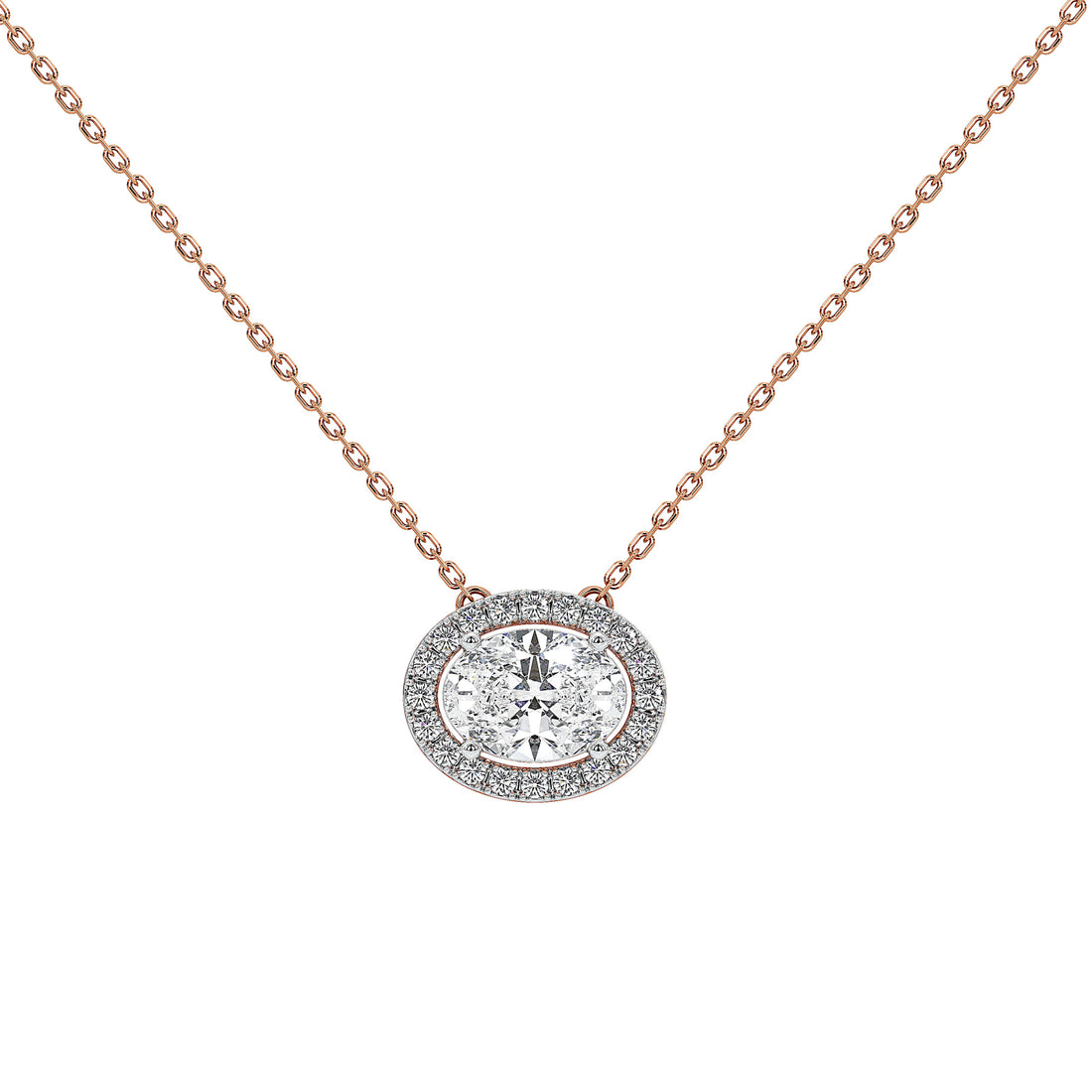 A rose gold necklace with a round halo pendant featuring a central oval diamond surrounded by a halo of smaller diamonds, set on a clean white background.