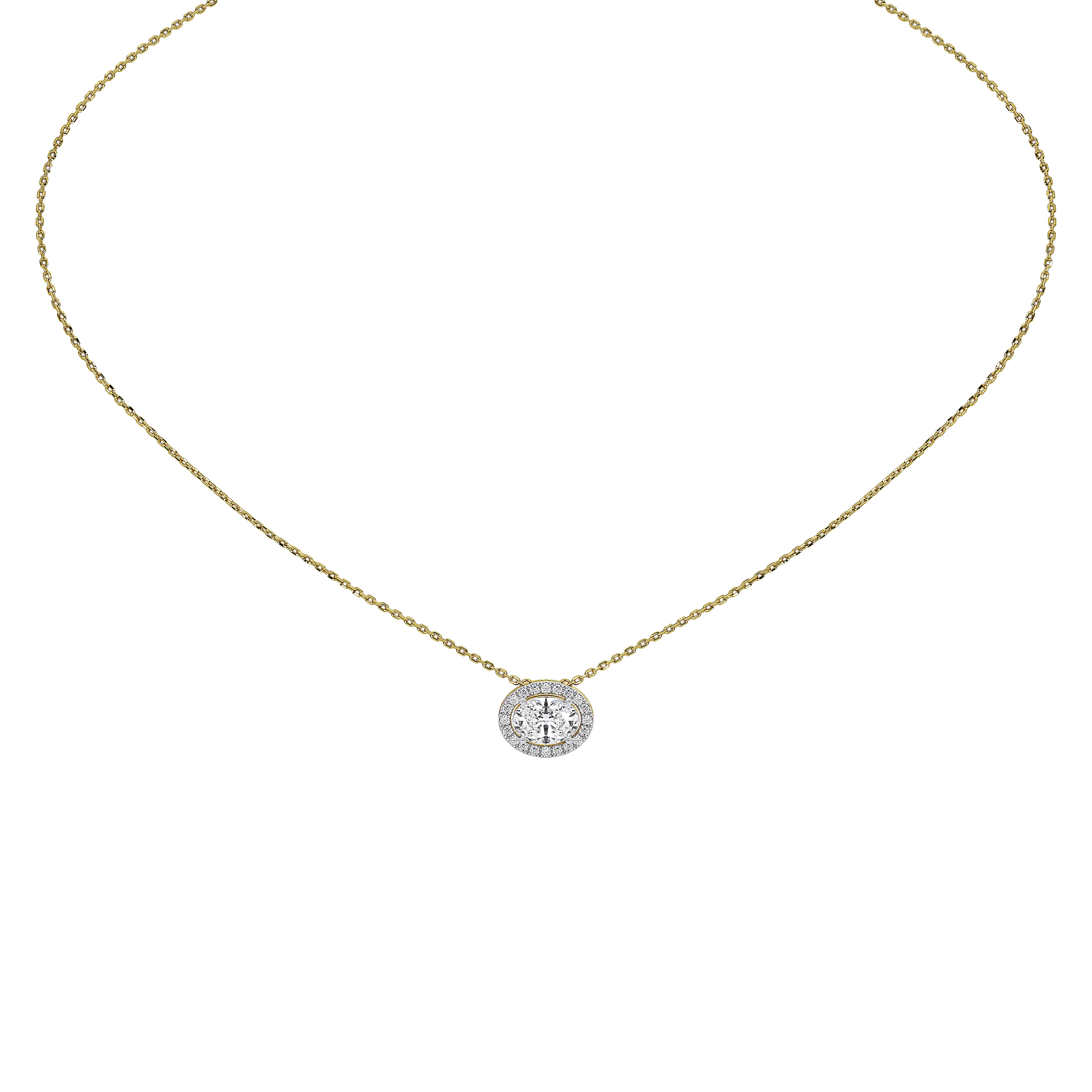 A delicate yellow gold chain necklace with a small oval pendant set with clear diamond, displayed on a solid white background.