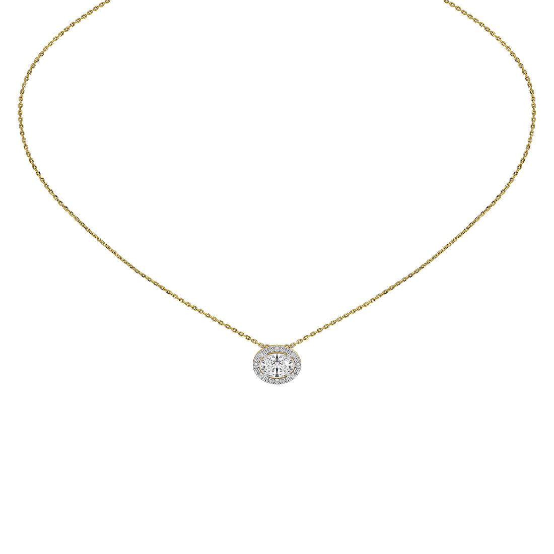 A delicate yellow gold chain necklace with a small oval pendant set with clear diamond, displayed on a solid white background.