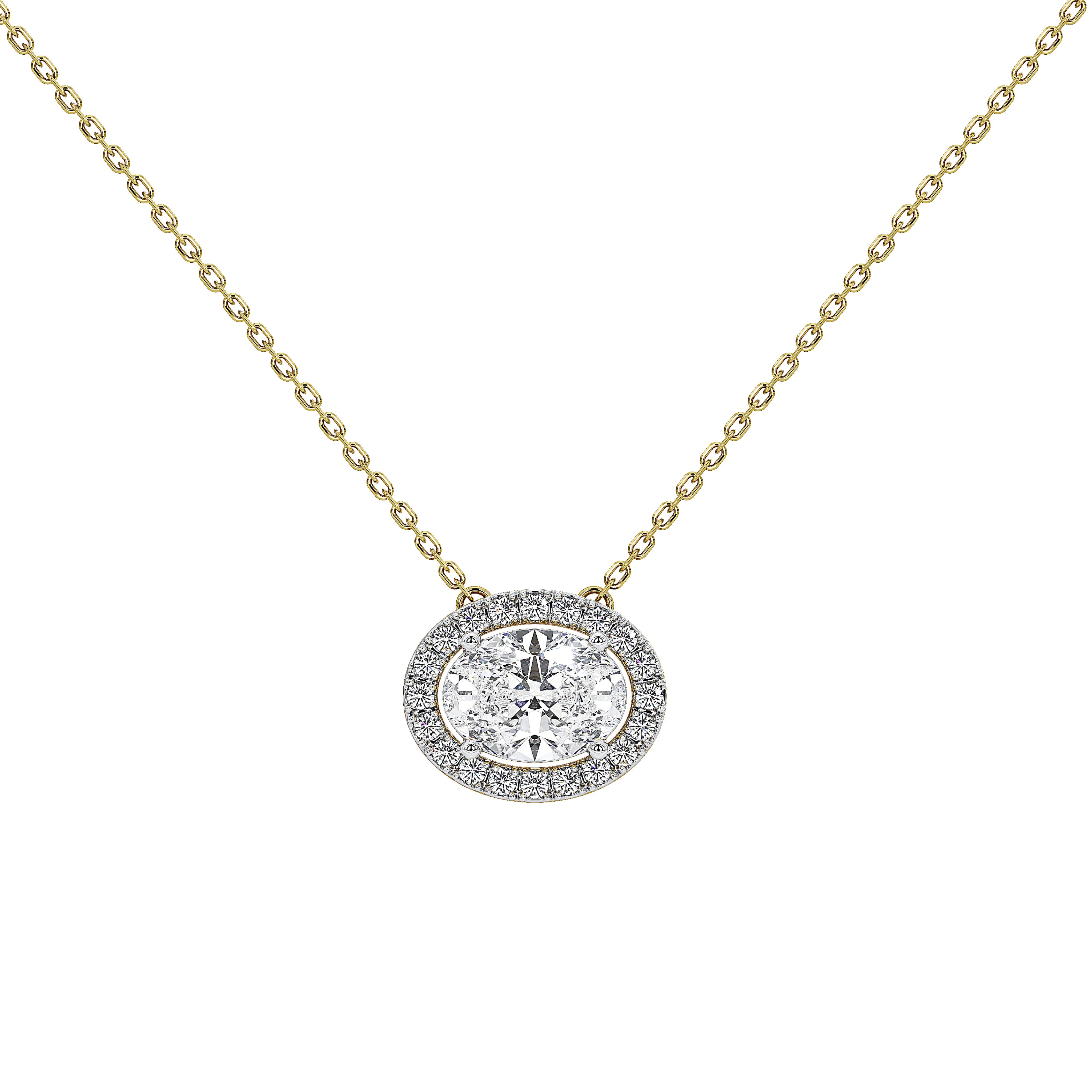 A delicate yellow gold chain necklace with an oval halo pendant. The pendant features a central round-cut clear diamond surrounded by a halo of smaller clear stones in a silver-toned setting, all on a plain white background.