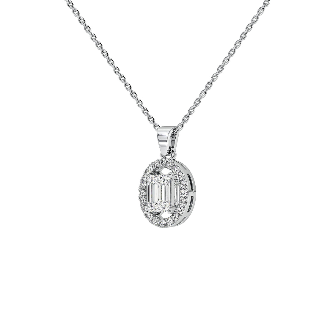 A white gold oval pendant necklace featuring a emerald-cut clear gemstone surrounded by a halo of small round stones, suspended from a delicate white gold chain on a white background.