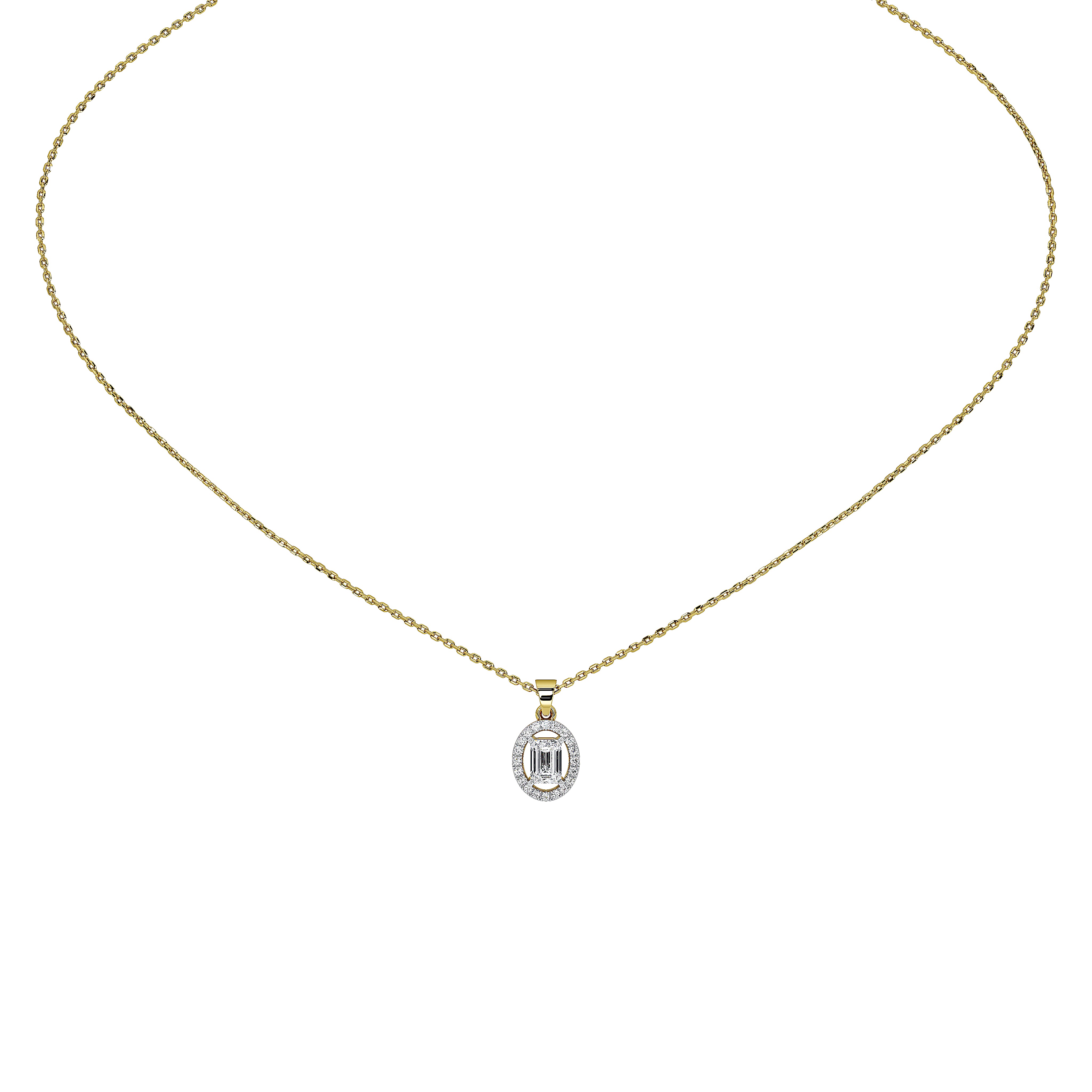 A delicate gold chain necklace with a small oval pendant featuring a central clear gemstone surrounded by a halo of smaller clear stones, shown on a plain white background.