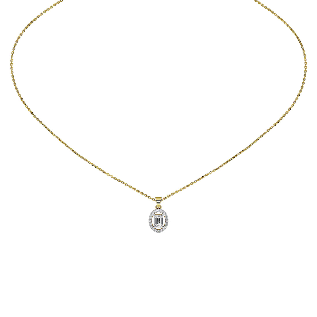 A delicate gold chain necklace with a small oval pendant featuring a central clear gemstone surrounded by a halo of smaller clear stones, shown on a plain white background.