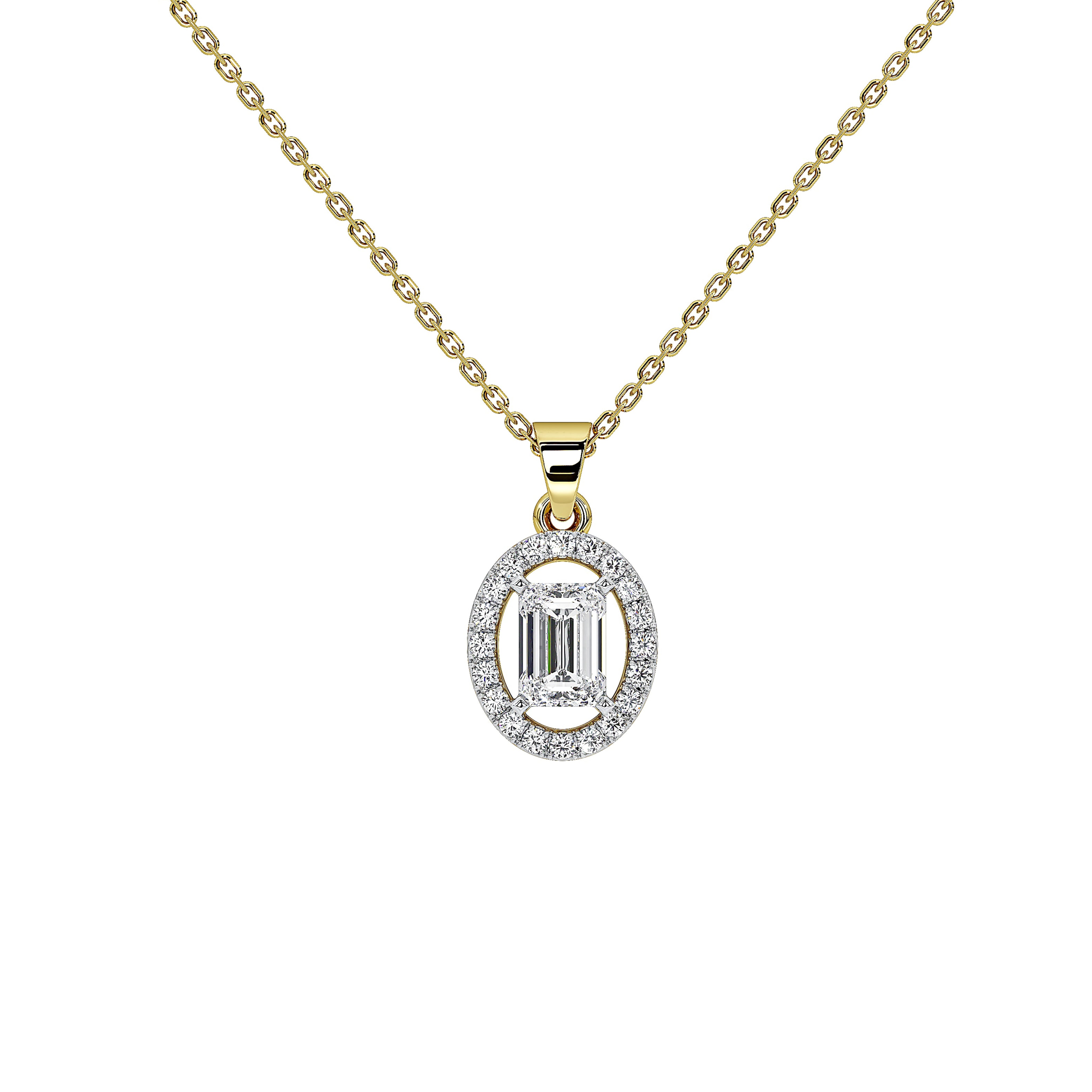 A gold chain necklace with an oval pendant featuring a central emerald-cut clear gemstone surrounded by a halo of small clear stones, shown on a plain white background.