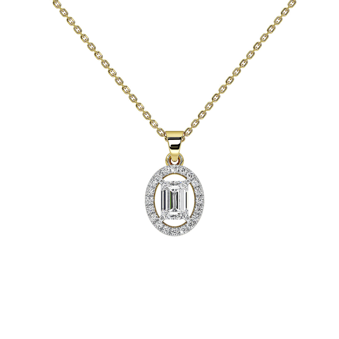 A gold chain necklace with an oval pendant featuring a central emerald-cut clear gemstone surrounded by a halo of small clear stones, shown on a plain white background.