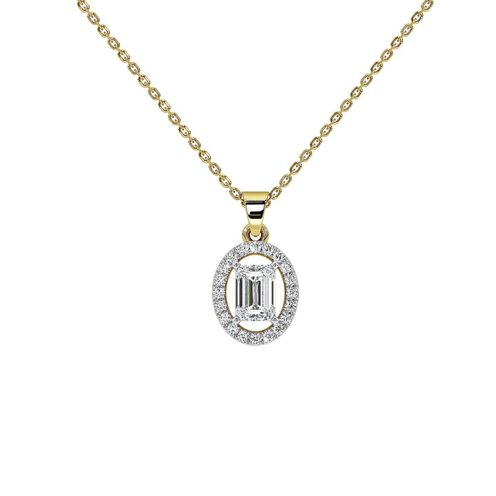 A gold chain necklace with an oval pendant featuring a central emerald-cut clear gemstone surrounded by a halo of small clear stones, shown on a plain white background.