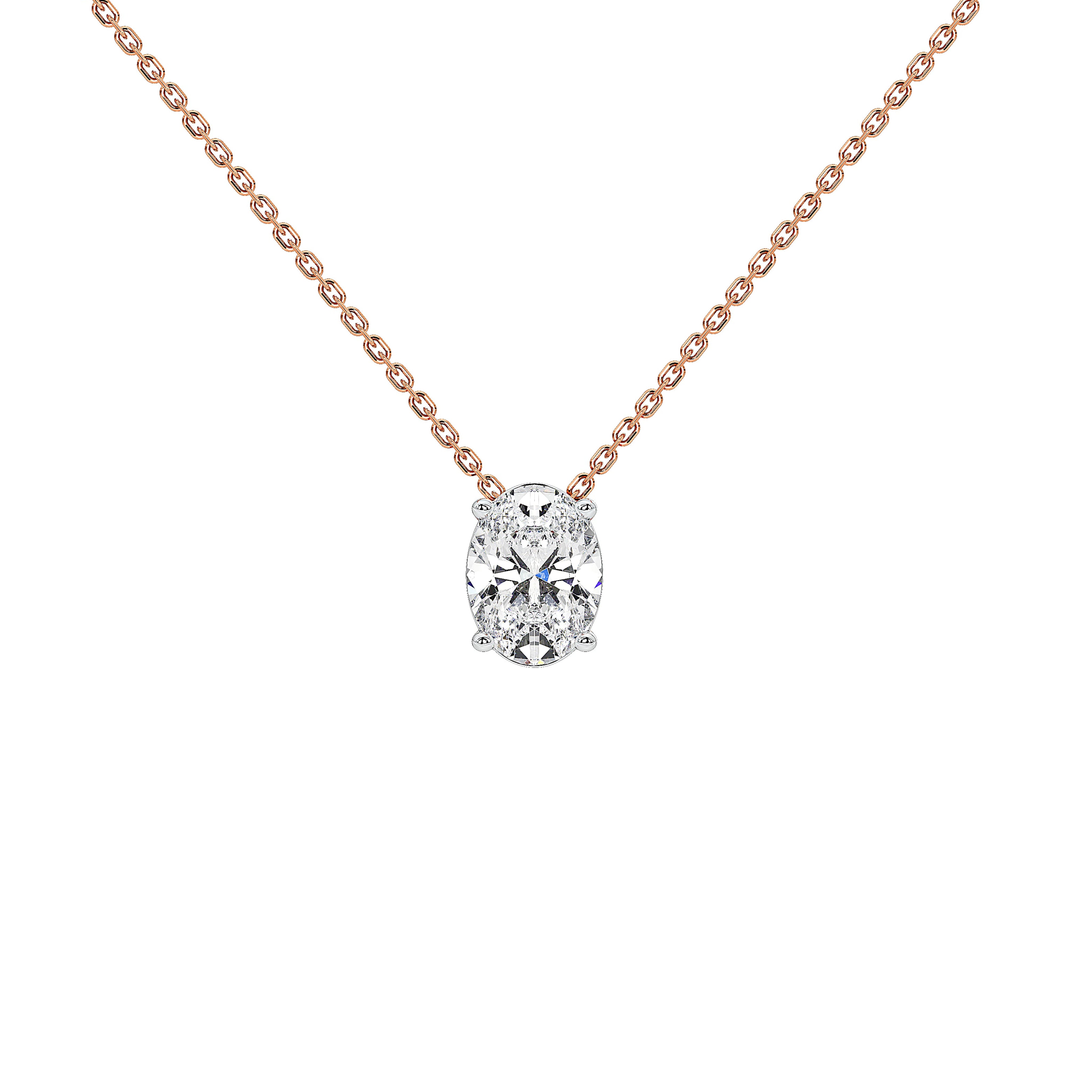 A delicate rose gold chain necklace with a oval-cut diamond pendant in a  gold prong setting, shown against a solid white background.