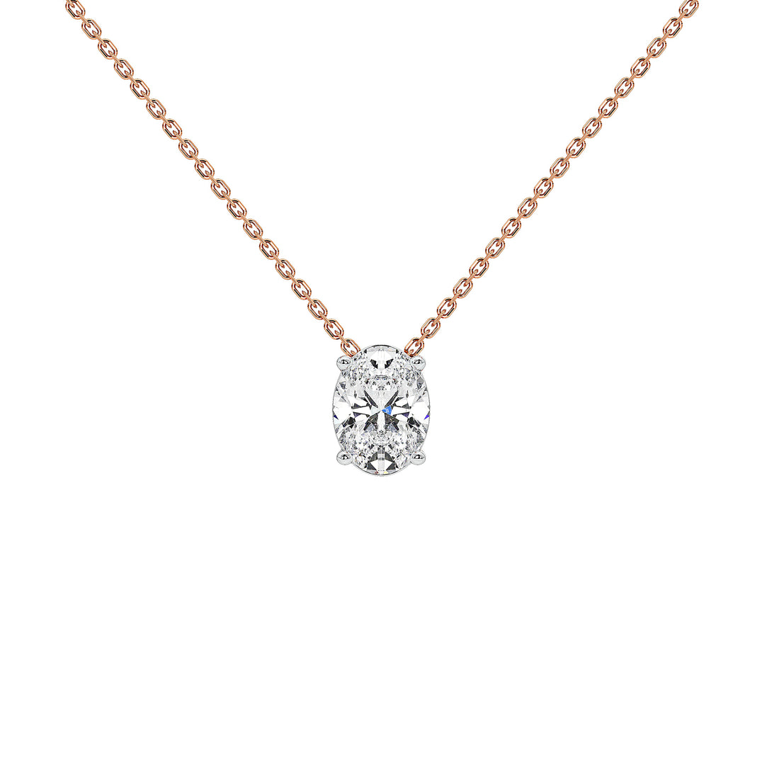 A delicate rose gold chain necklace with a oval-cut diamond pendant in a  gold prong setting, shown against a solid white background.