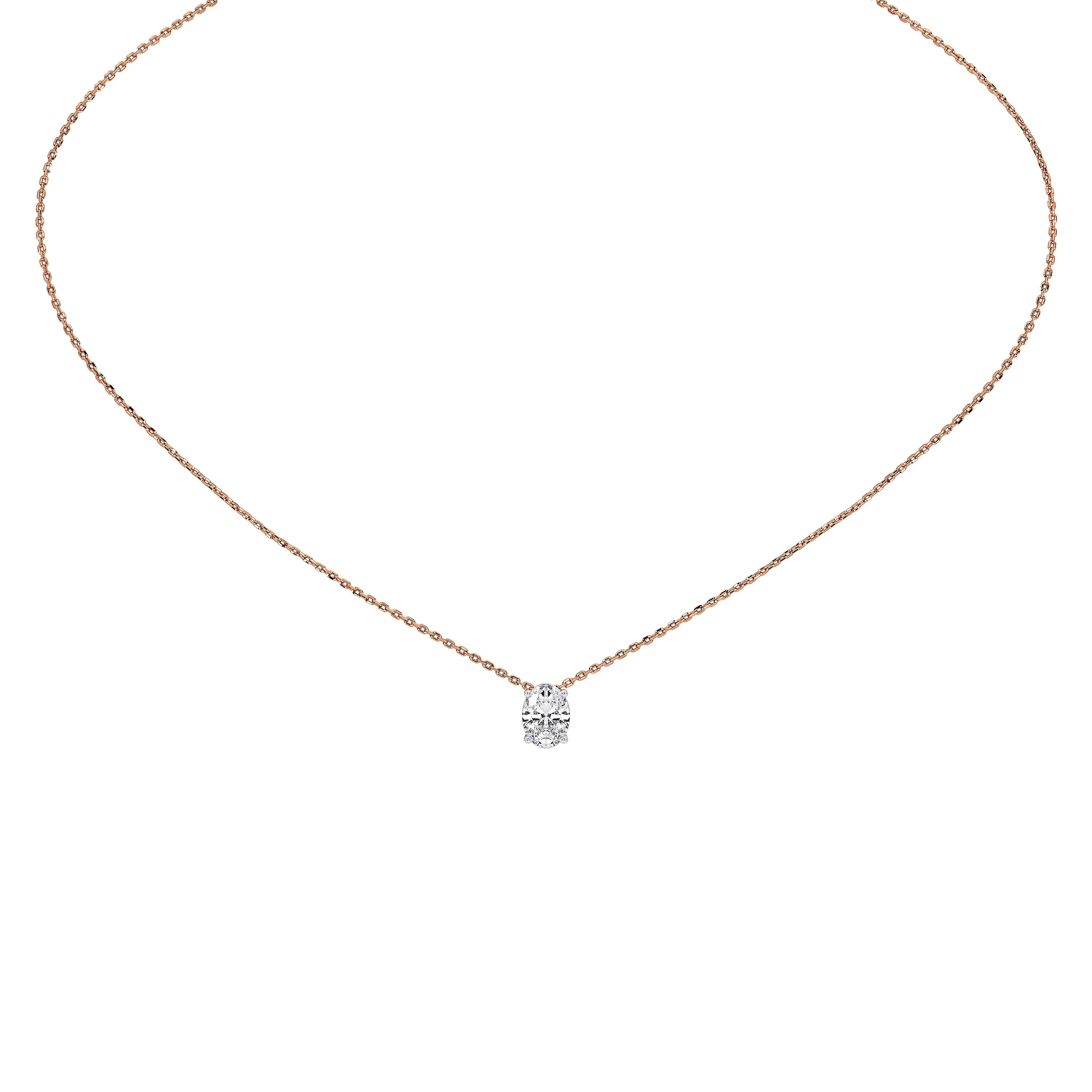 A delicate rose gold chain necklace with a small, clear gemstone pendant, displayed on a clean white background.