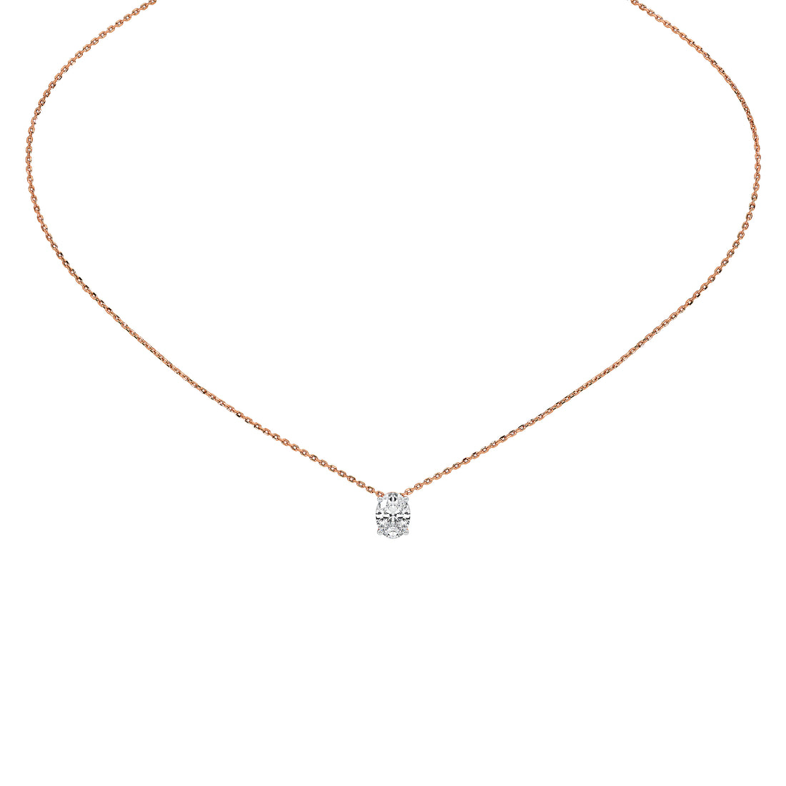 A delicate rose gold chain necklace with a small, clear gemstone pendant, displayed on a clean white background.