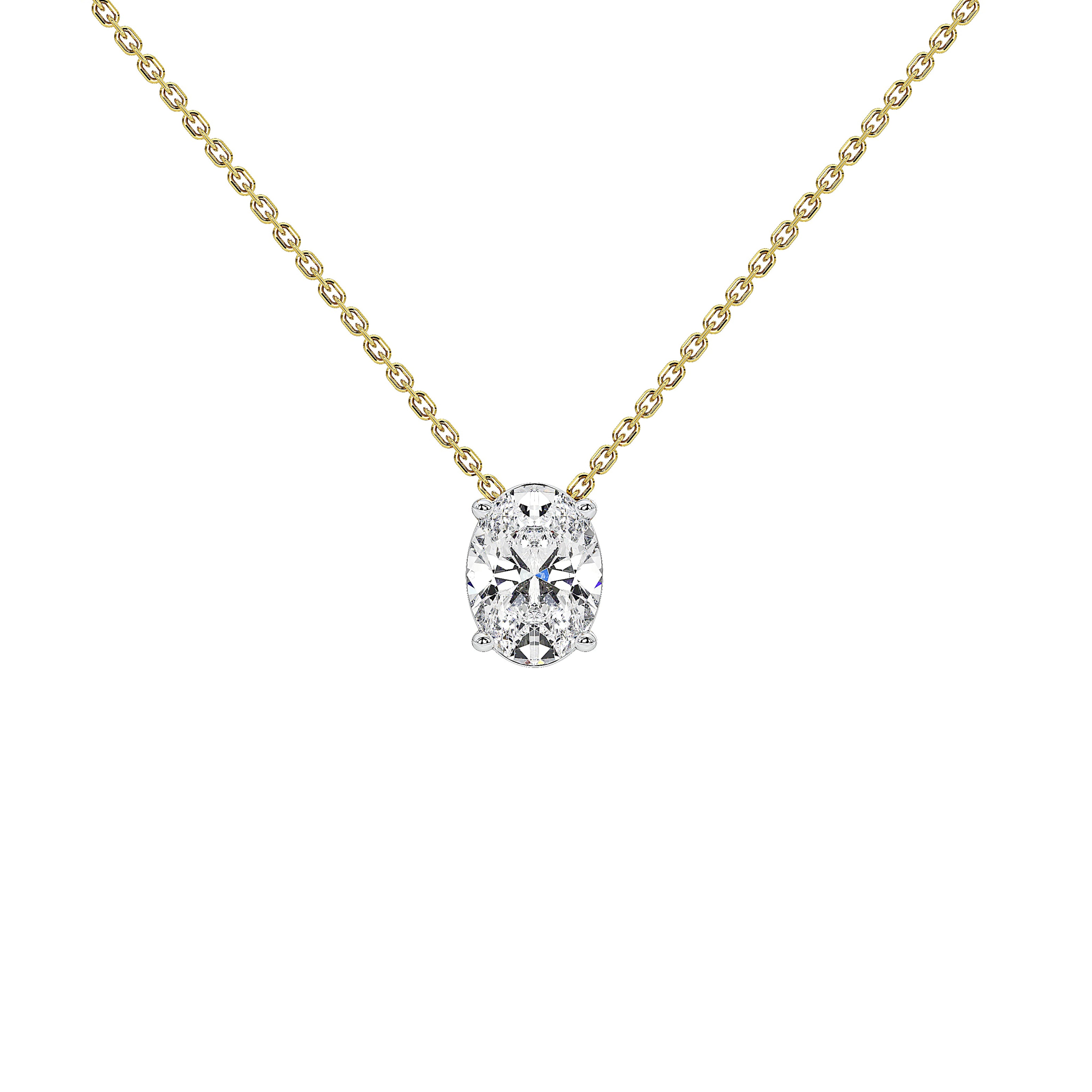 A delicate yellow gold chain necklace with a single oval-cut clear diamond pendant in a silver-toned setting, shown against a plain white background.
