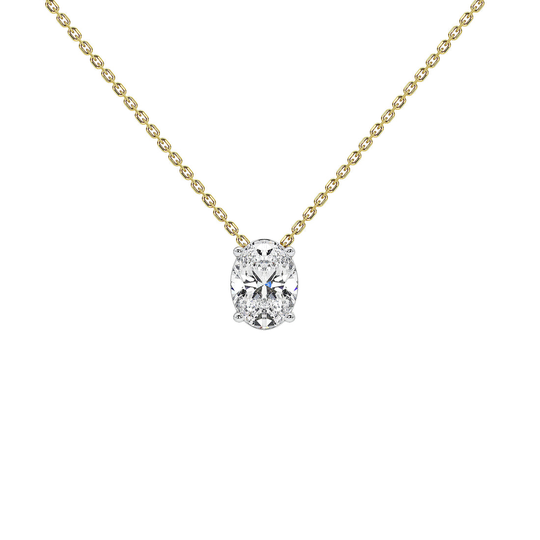A delicate yellow gold chain necklace with a single oval-cut clear diamond pendant in a silver-toned setting, shown against a plain white background.