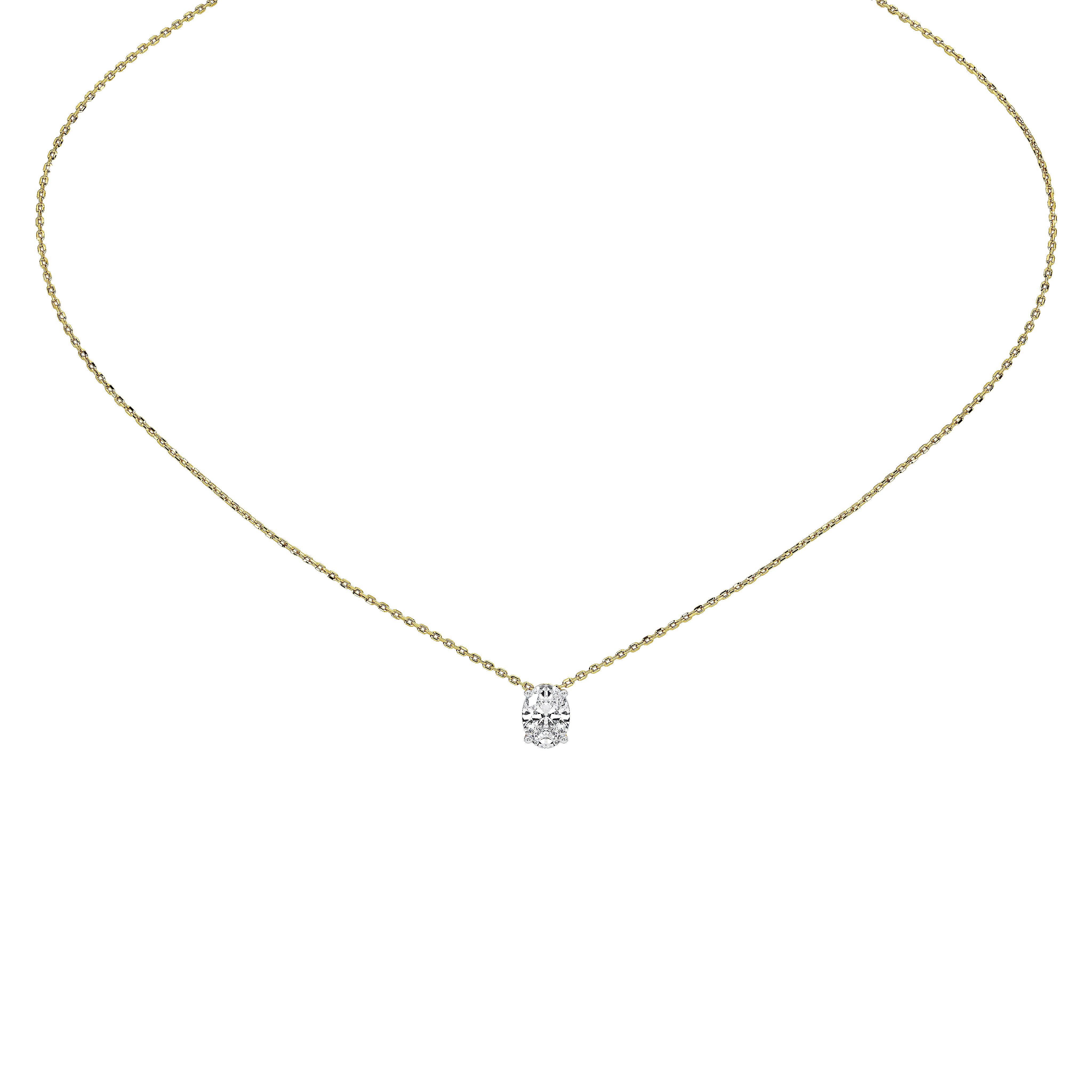 A delicate yellow gold chain necklace with a small, clear oval diamond pendant, displayed against a solid white background.