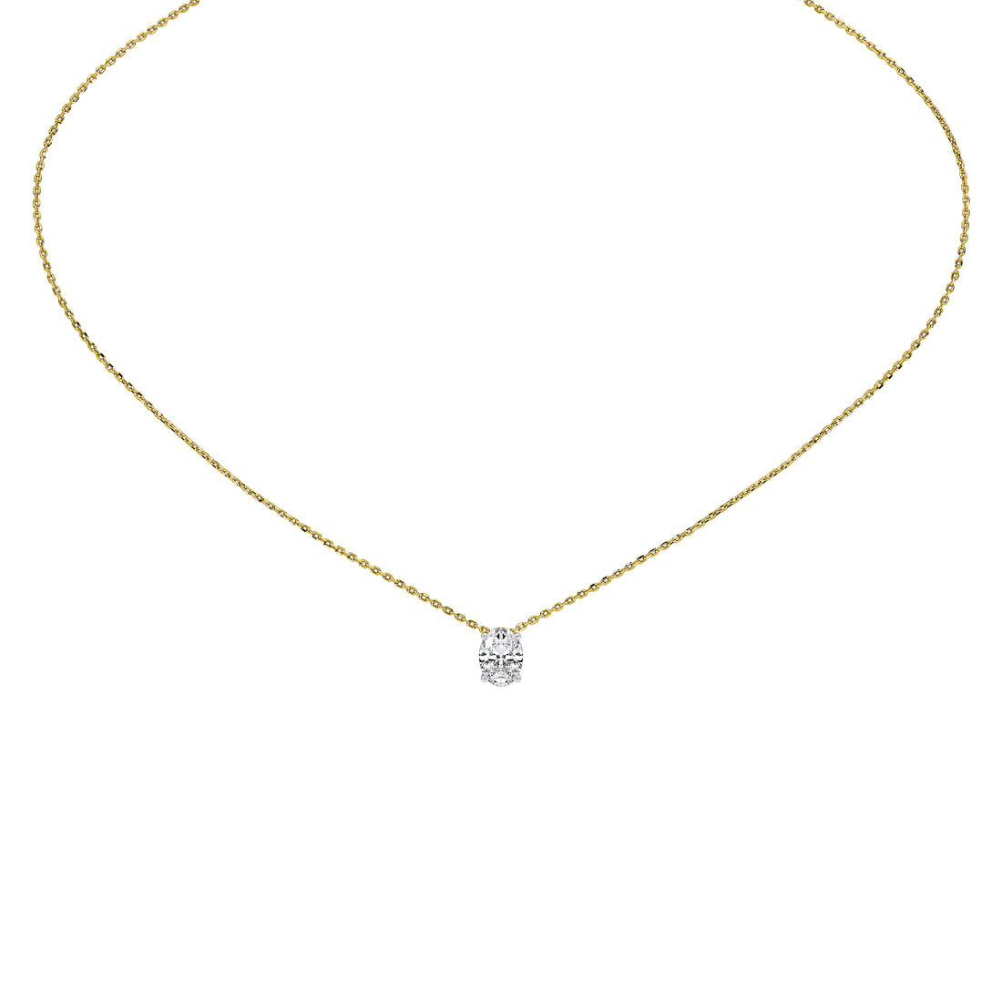 A delicate yellow gold chain necklace with a small, clear oval diamond pendant, displayed against a solid white background.