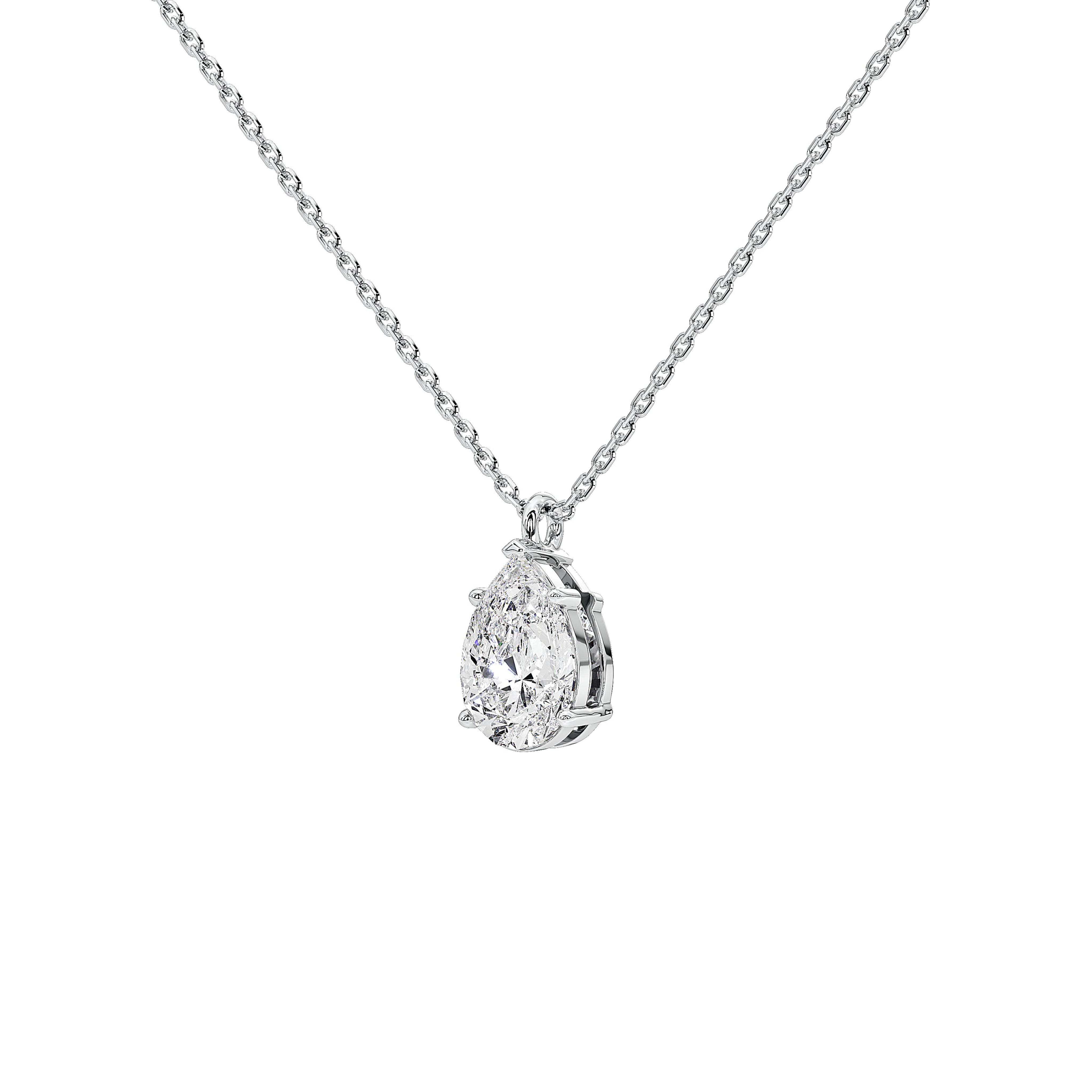 A pear-cut diamond pendant necklace on a delicate silver chain, set against a solid white background.