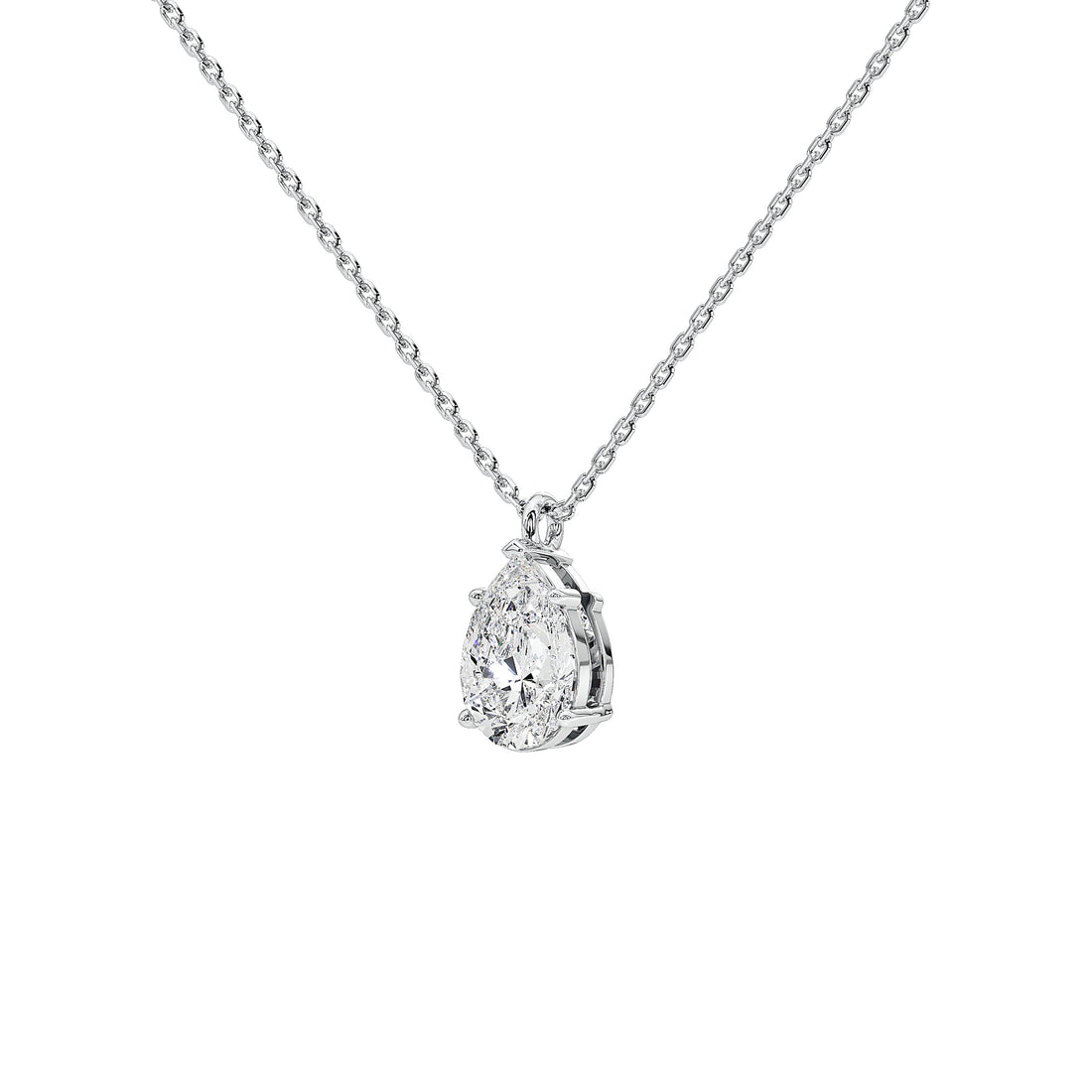 A pear-cut diamond pendant necklace on a delicate silver chain, set against a solid white background.