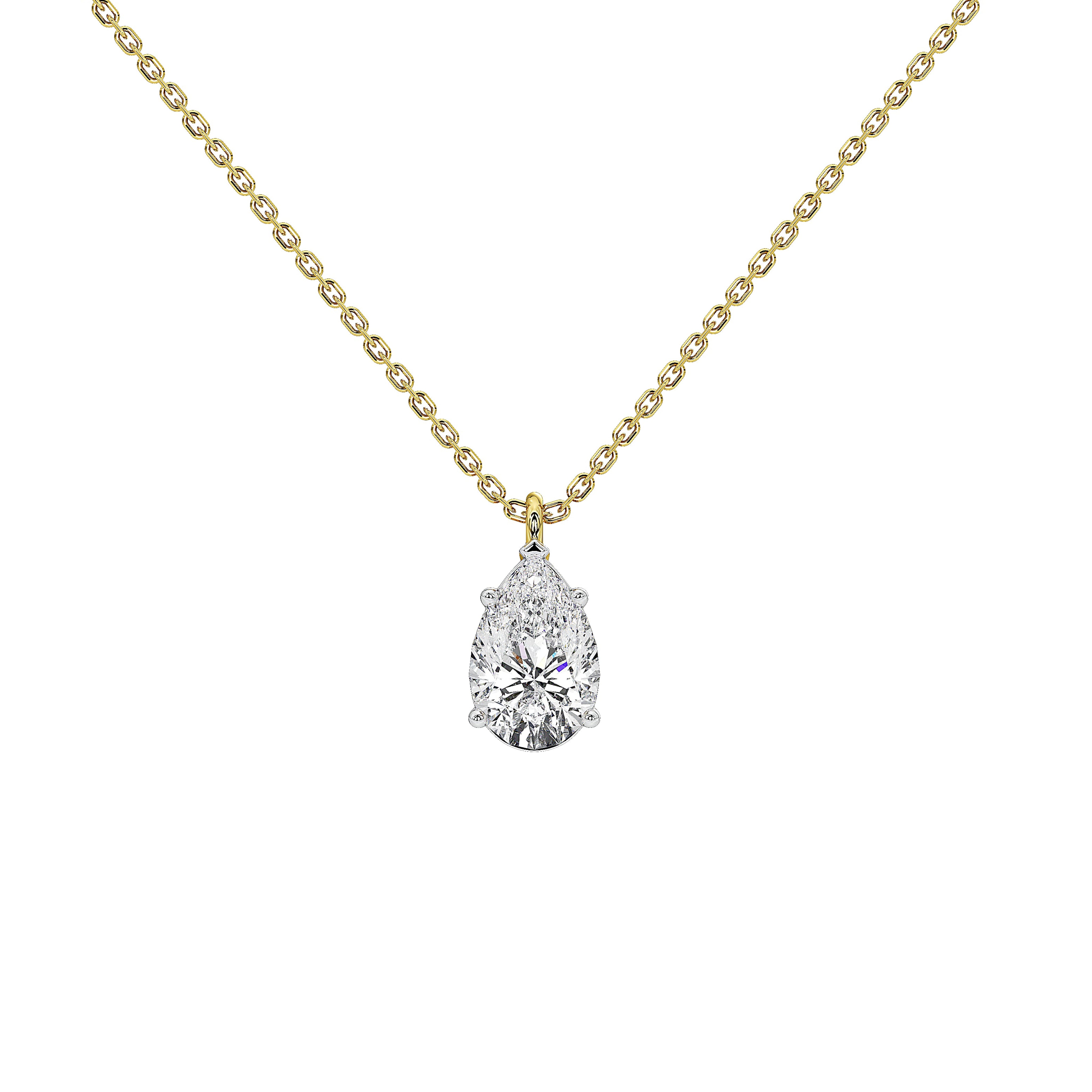 A gold chain necklace with a pear-cut diamond pendant set in a silver-colored prong setting, shown against a plain white background.